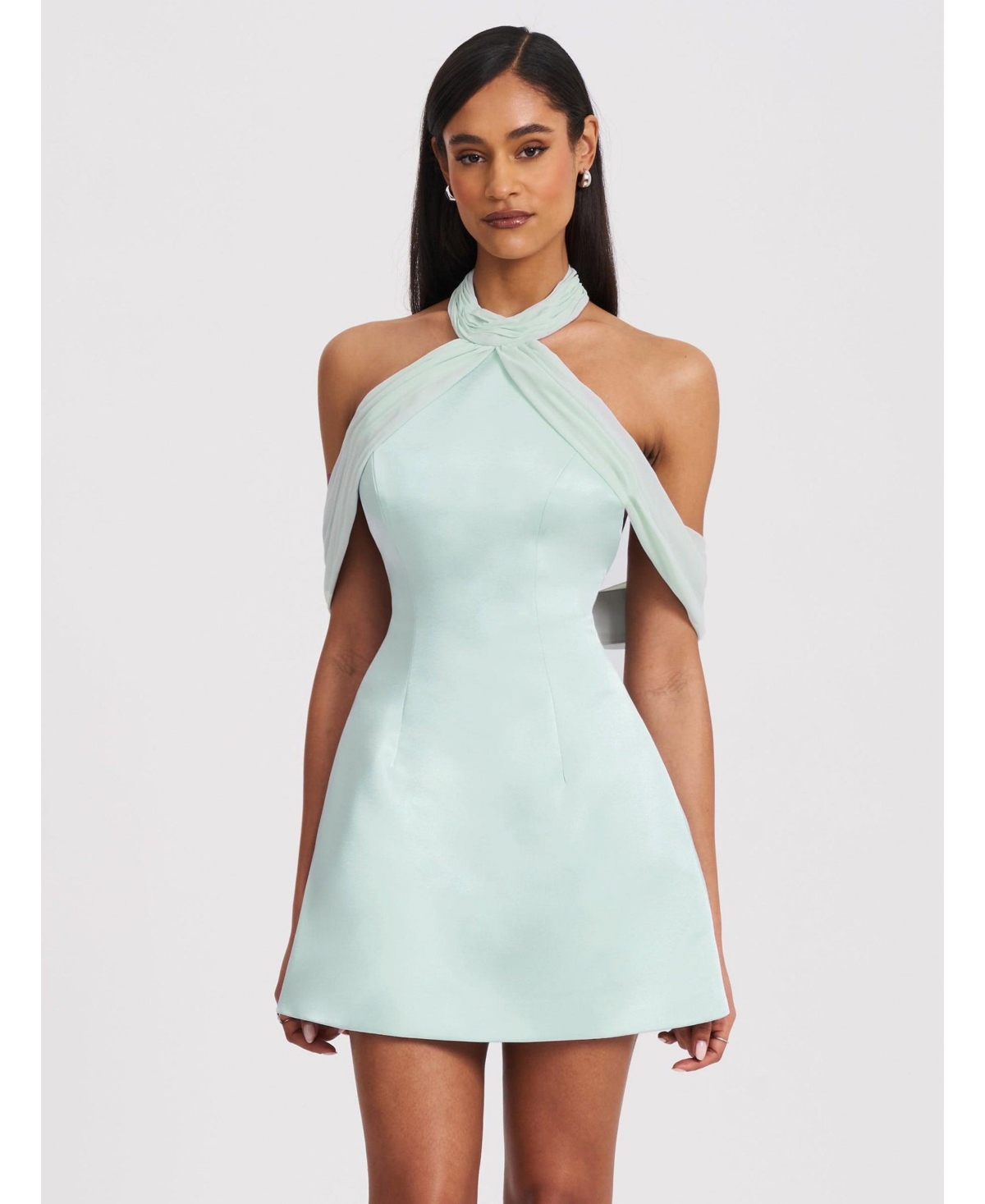 Miss Circle Women’s Zafrina Light Cyan Halter Off-shoulder Backless Mini Dress – Cyan green Miss Circle Women’s Zafrina Light Cyan Halter Off-shoulder Backless Mini Dress – Cyan green