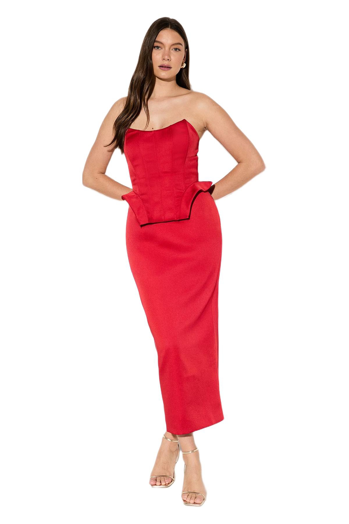 MissPap Women’s Premium Bonded Satin Corset Midaxi Dress – Red