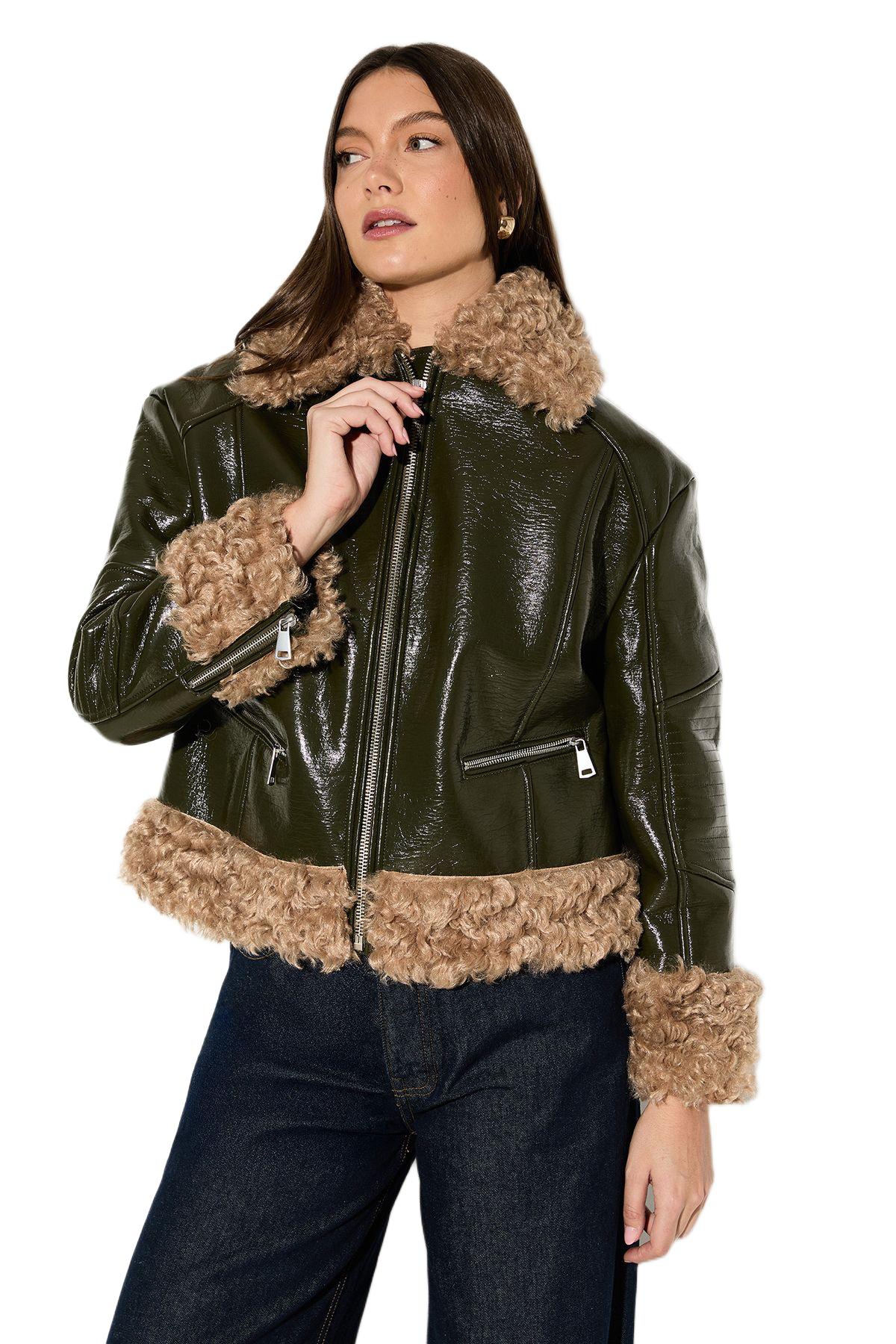 MissPap Women’s Premium Faux Fur Collar Aviator Jacket – Olive MissPap Women’s Premium Faux Fur Collar Aviator Jacket – Olive