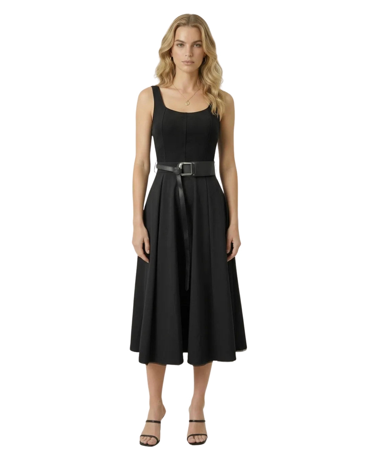 Modenaire Women’s Belted Scoop-Neck Midi Dress – Black Modenaire Women’s Belted Scoop-Neck Midi Dress – Black