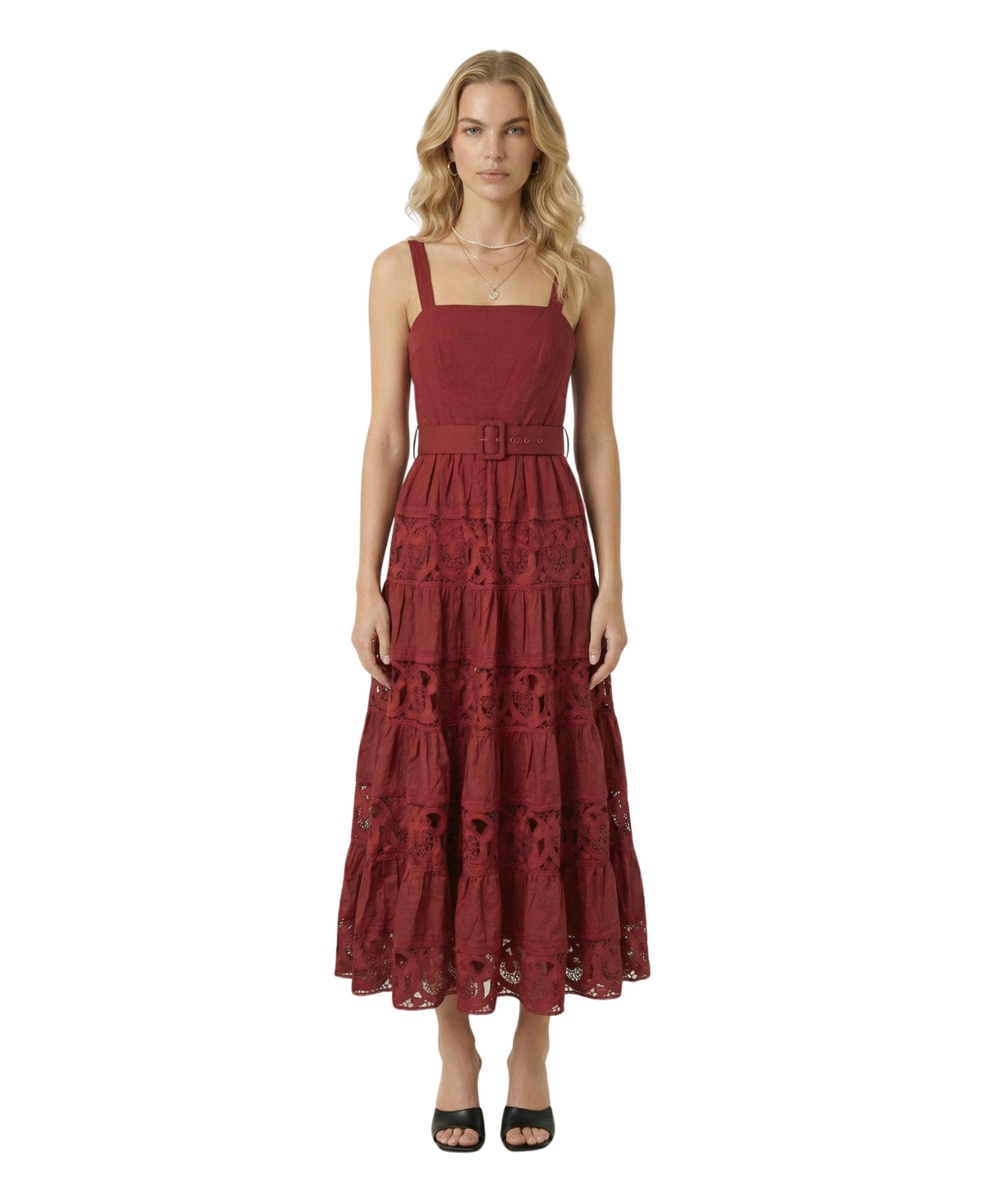 Modenaire Women’s Belted Tiered Lace Midi Dress – Burgundy Modenaire Women’s Belted Tiered Lace Midi Dress – Burgundy