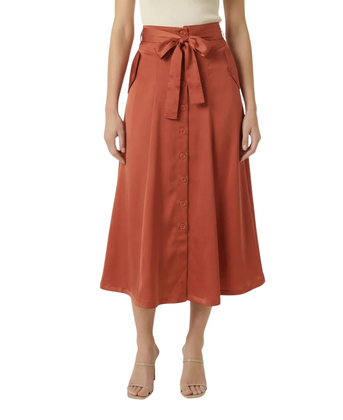 Modenaire Women’s Button-Front Waist-Tie Midi Skirt – Rust Modenaire Women’s Button-Front Waist-Tie Midi Skirt – Rust