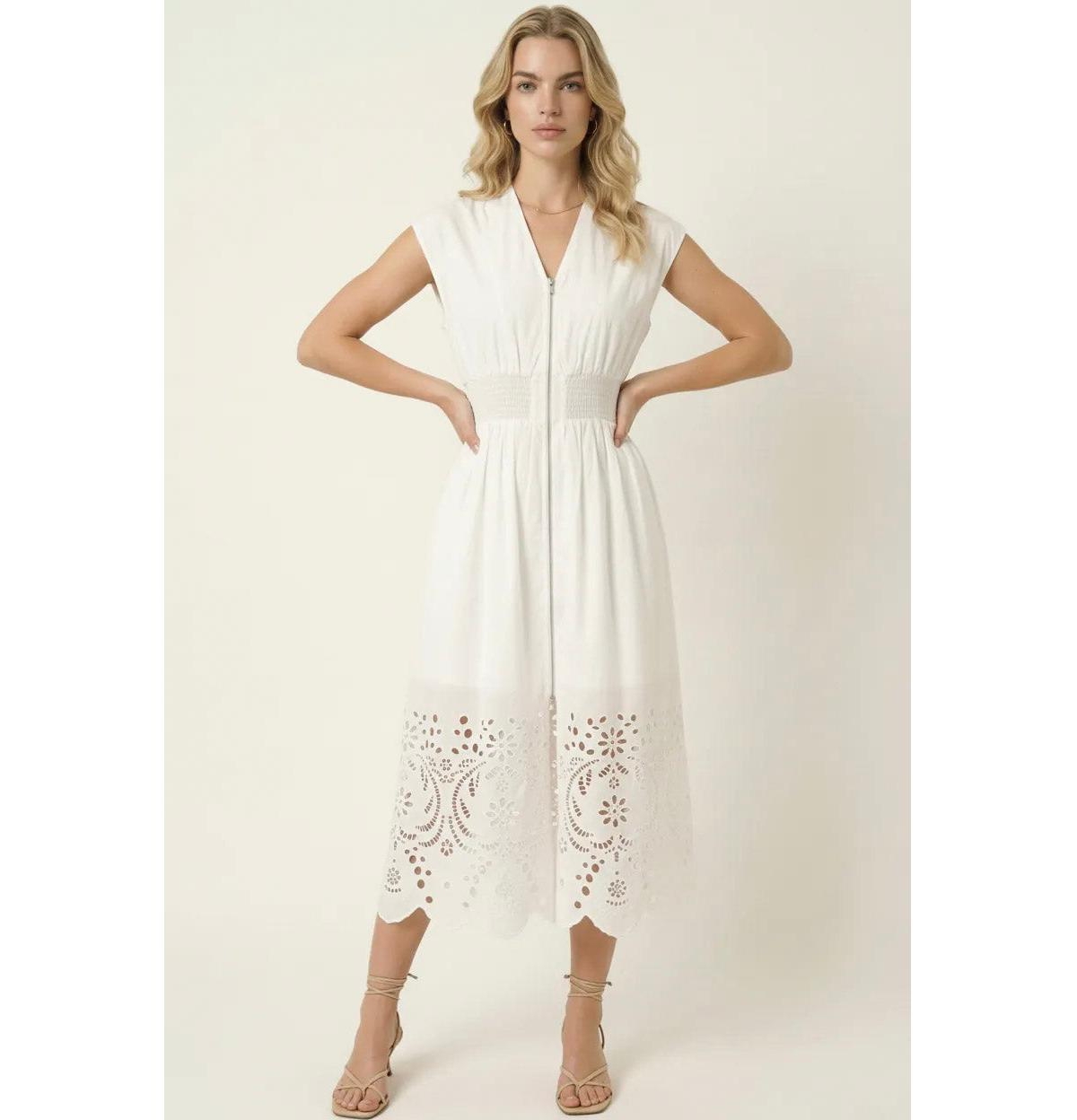 Modenaire Women’s Cap-Sleeve Smocked-Waist Eyelet-Hem Dress – White Modenaire Women’s Cap-Sleeve Smocked-Waist Eyelet-Hem Dress – White