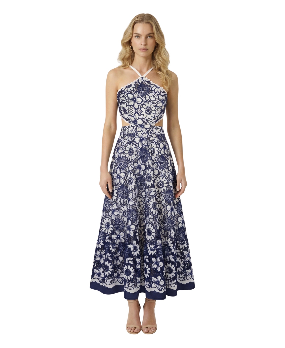Modenaire Women’s Embroidered Floral Halter Midi Dress – Blue