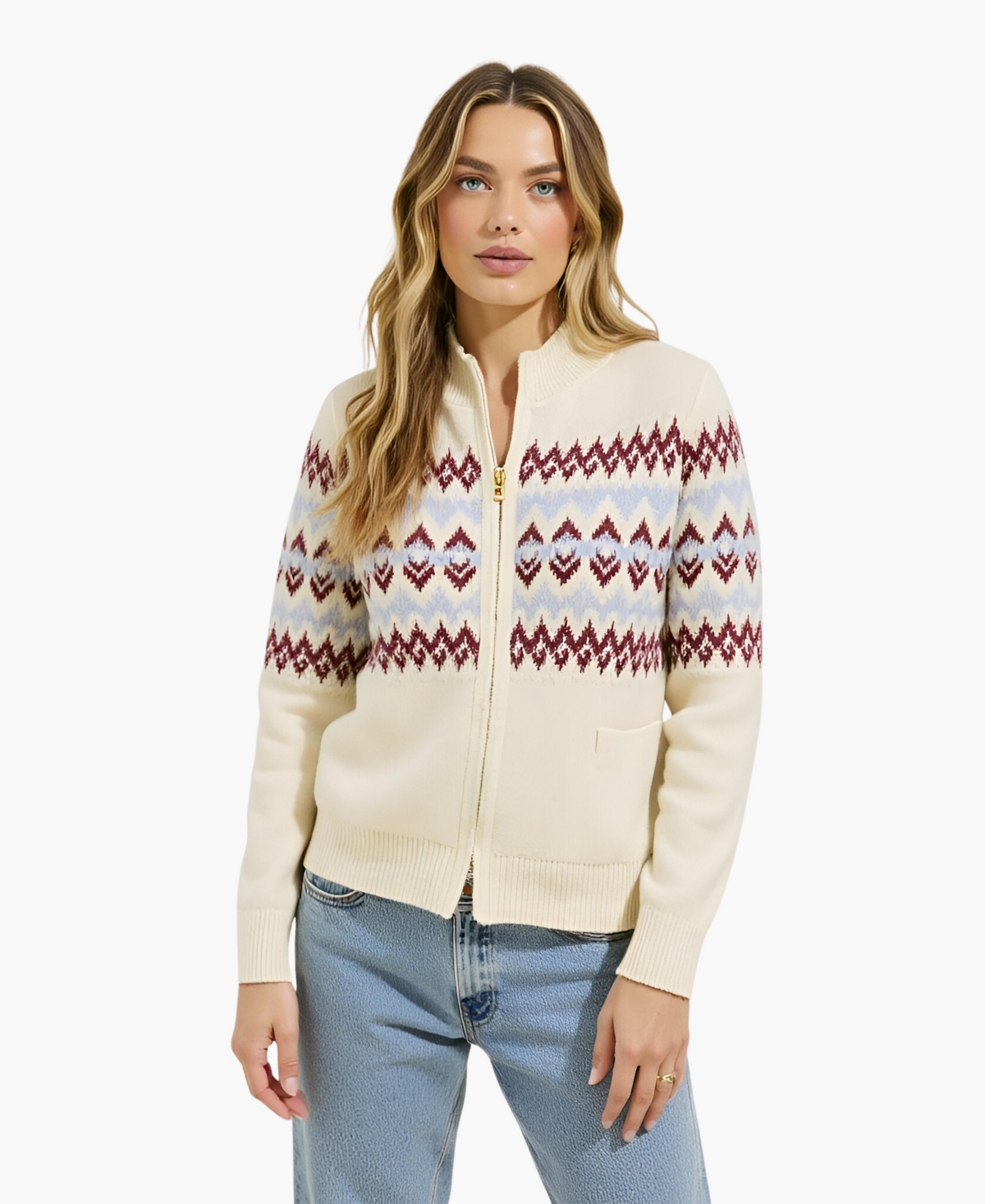 Modenaire Women’s Fair Isle Zip-Front Cardigan – Cream Modenaire Women’s Fair Isle Zip-Front Cardigan – Cream