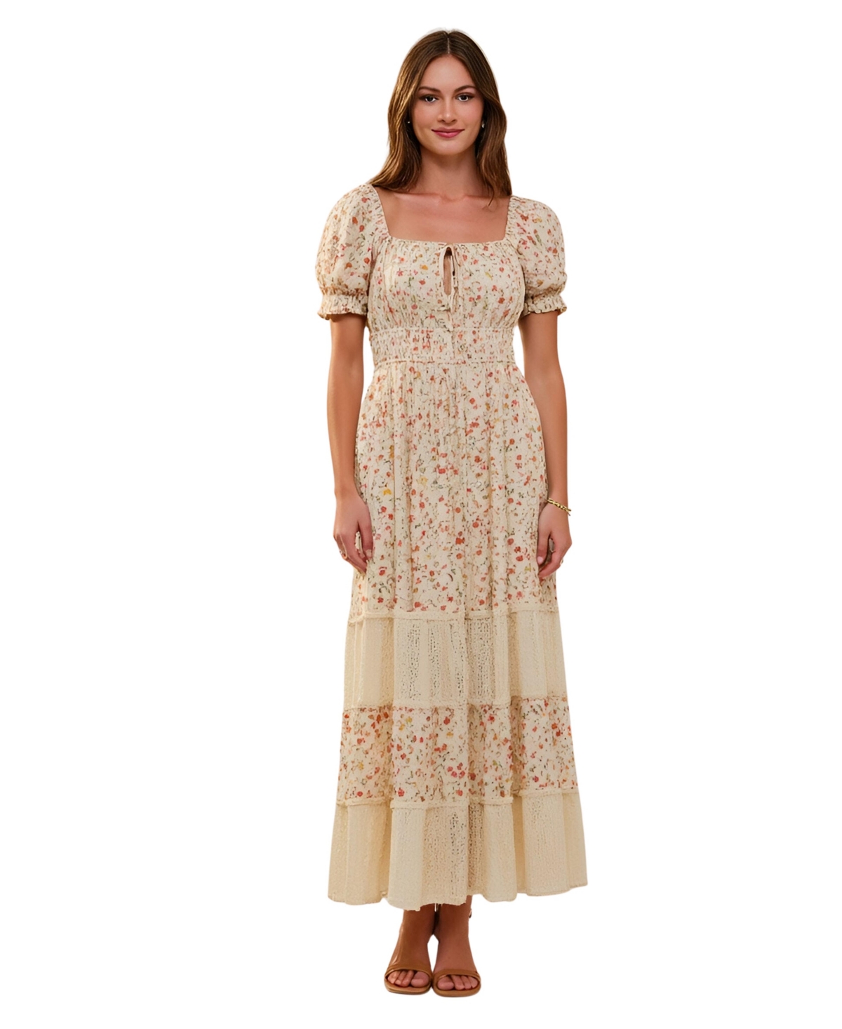 Modenaire Women’s Floral Puff-Sleeve Smocked-Waist Maxi Dress – Cream/red floral Modenaire Women’s Floral Puff-Sleeve Smocked-Waist Maxi Dress – Cream/red floral