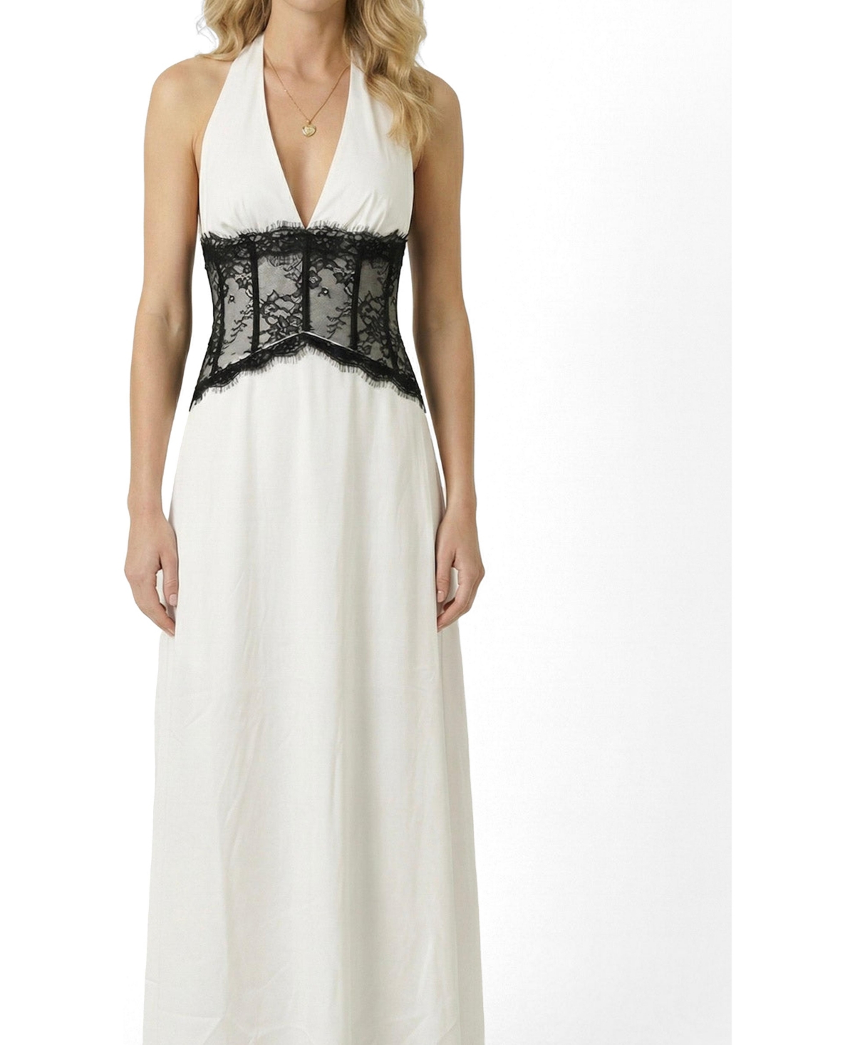 Modenaire Women’s Halter Lace Corset-Waist Maxi Dress – White