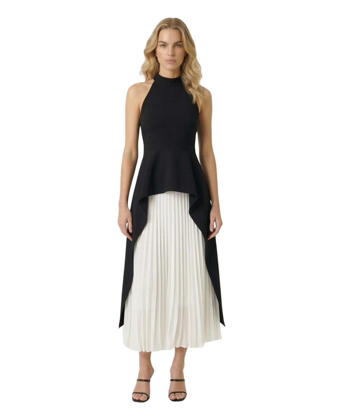 Modenaire Women’s Halter-Neck Asymmetric Layered Pleated Midi Dress – Black/white