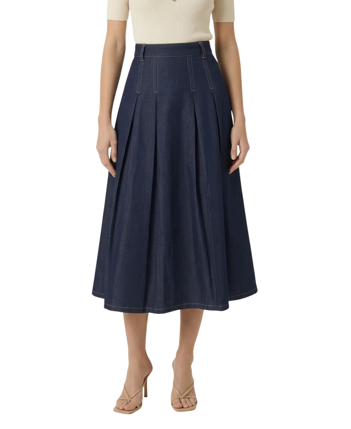 Modenaire Women’s High-Waist Pleated A-Line Midi Skirt – Navy
