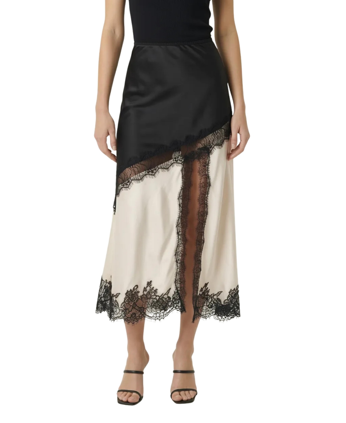 Modenaire Women’s Lace-Trim Asymmetric Satin Midi Skirt – Beige
