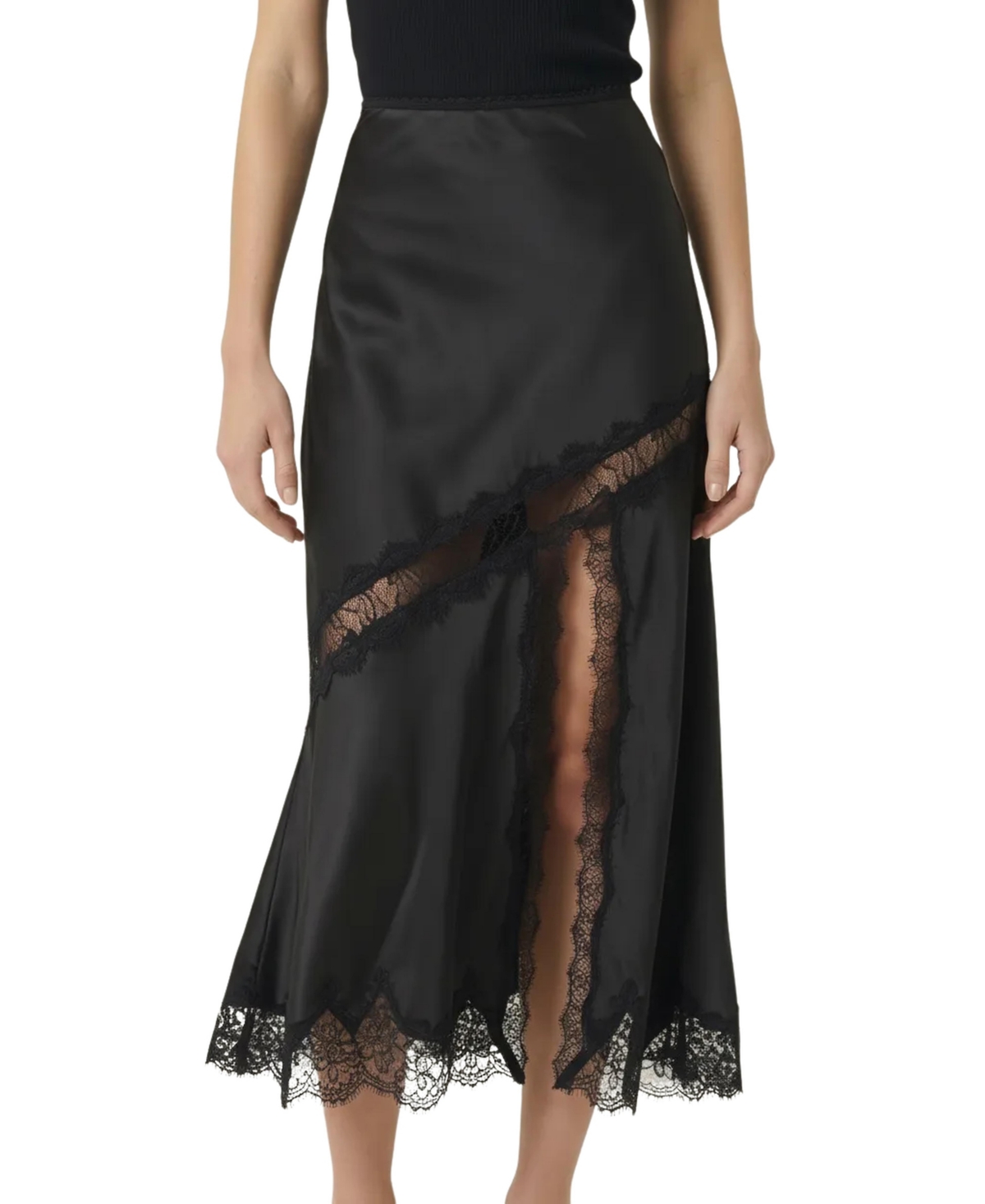 Modenaire Women’s Lace-Trim Asymmetric Satin Midi Skirt – Black Modenaire Women’s Lace-Trim Asymmetric Satin Midi Skirt – Black