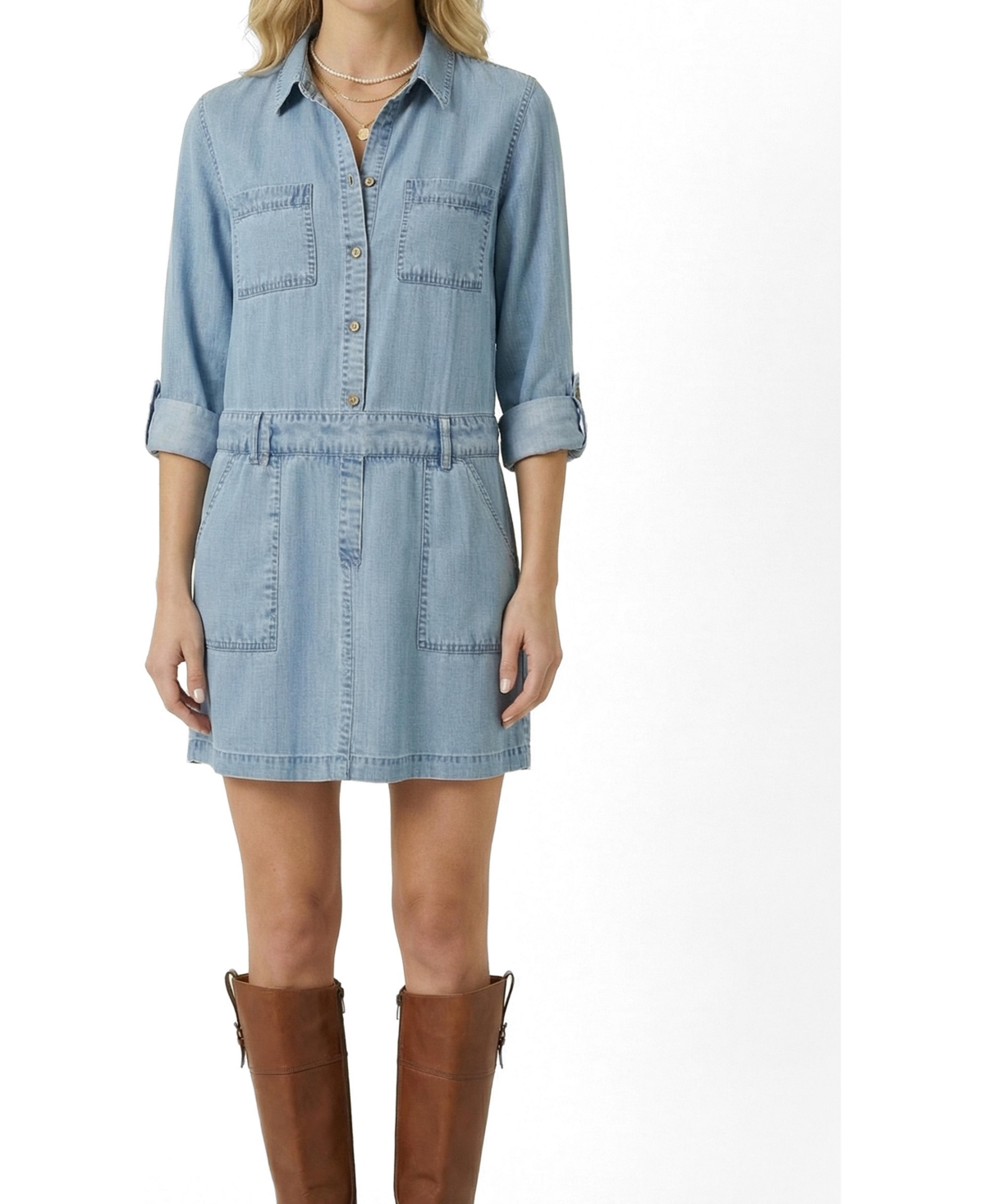 Modenaire Women’s Long-Sleeve Button-Front Denim Mini Dress – Light wash blue Modenaire Women’s Long-Sleeve Button-Front Denim Mini Dress – Light wash blue