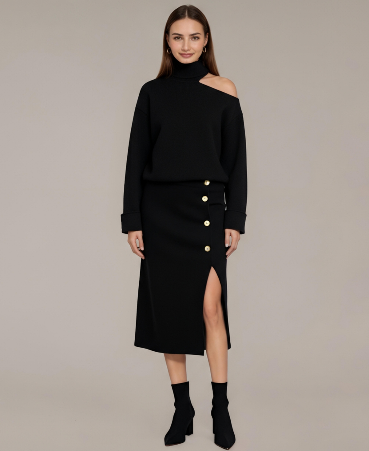 Modenaire Women’s Lottie Asymmetric Turtleneck Pullover and Midi Skirt Set – Black Modenaire Women’s Lottie Asymmetric Turtleneck Pullover and Midi Skirt Set – Black