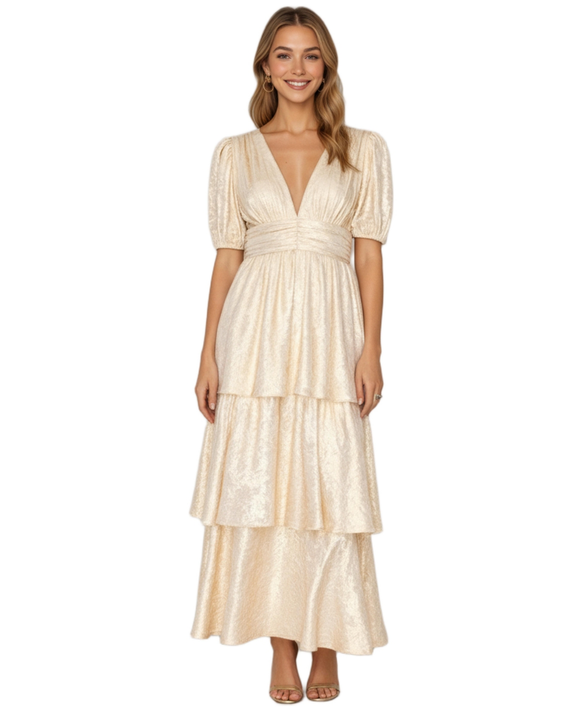 Modenaire Women’s Lucille Metallic Puff-Sleeve Tiered Maxi Dress – Gold Modenaire Women’s Lucille Metallic Puff-Sleeve Tiered Maxi Dress – Gold