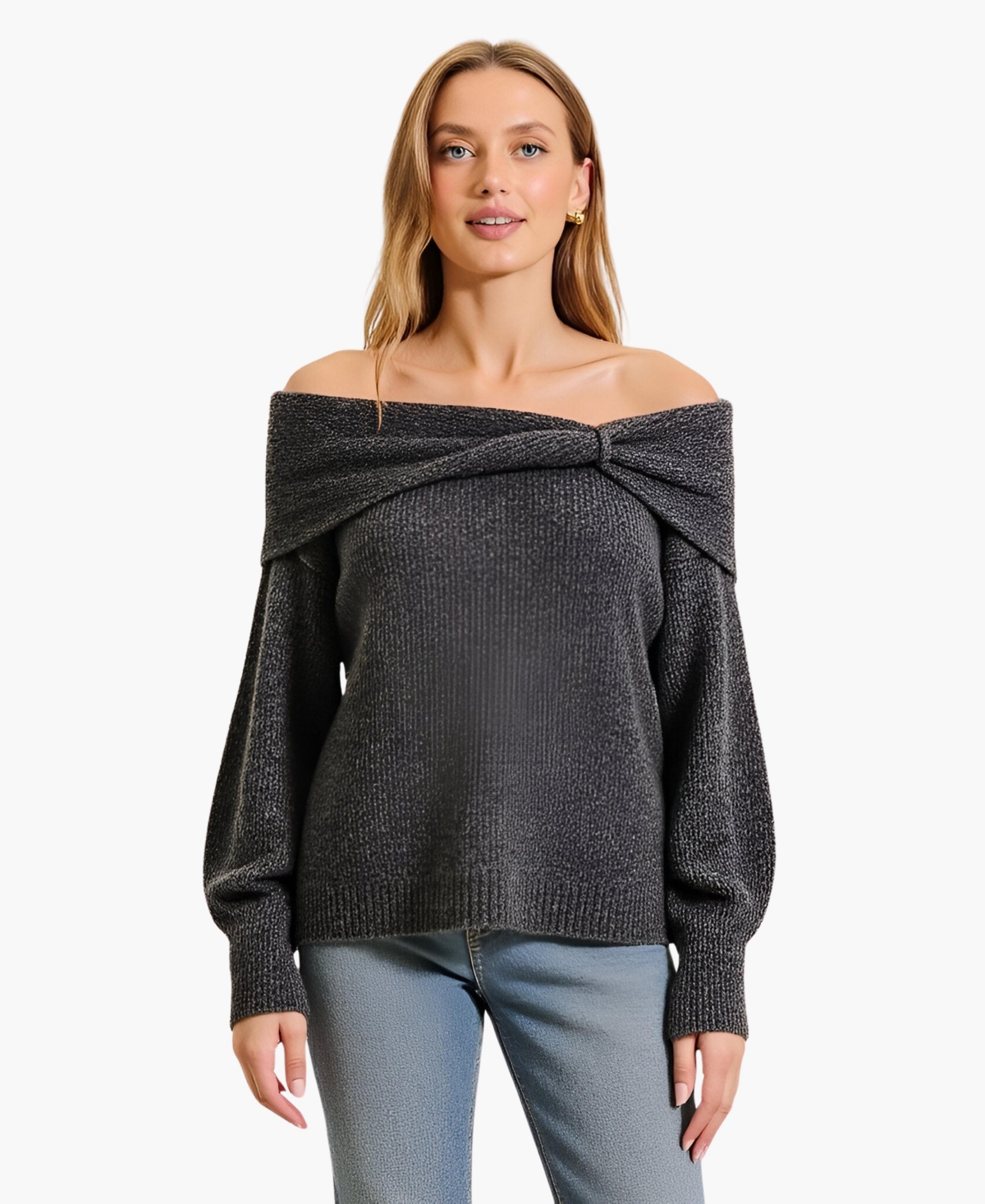 Modenaire Women’s Off-Shoulder Metallic Knit Sweater Top – Charcoal gray Modenaire Women’s Off-Shoulder Metallic Knit Sweater Top – Charcoal gray