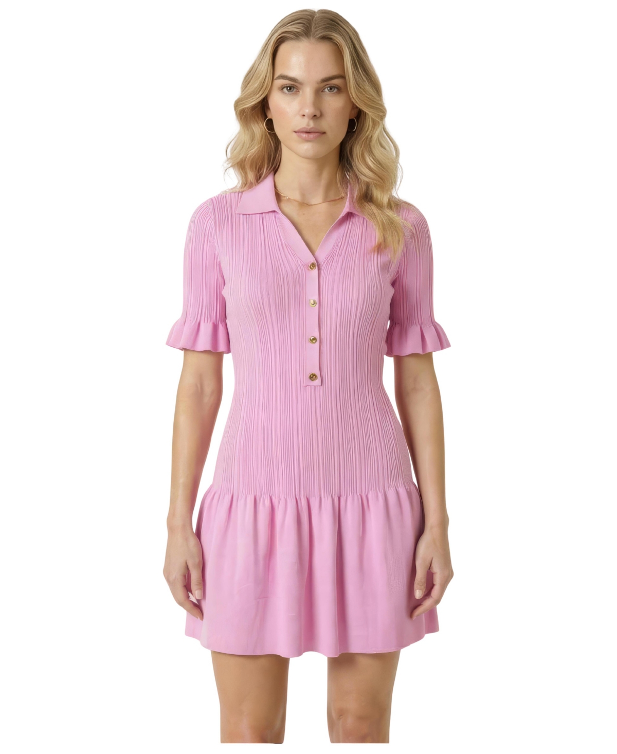 Modenaire Women’s Pleated Button-Front Ruffle-Hem Dress – Pink Modenaire Women’s Pleated Button-Front Ruffle-Hem Dress – Pink