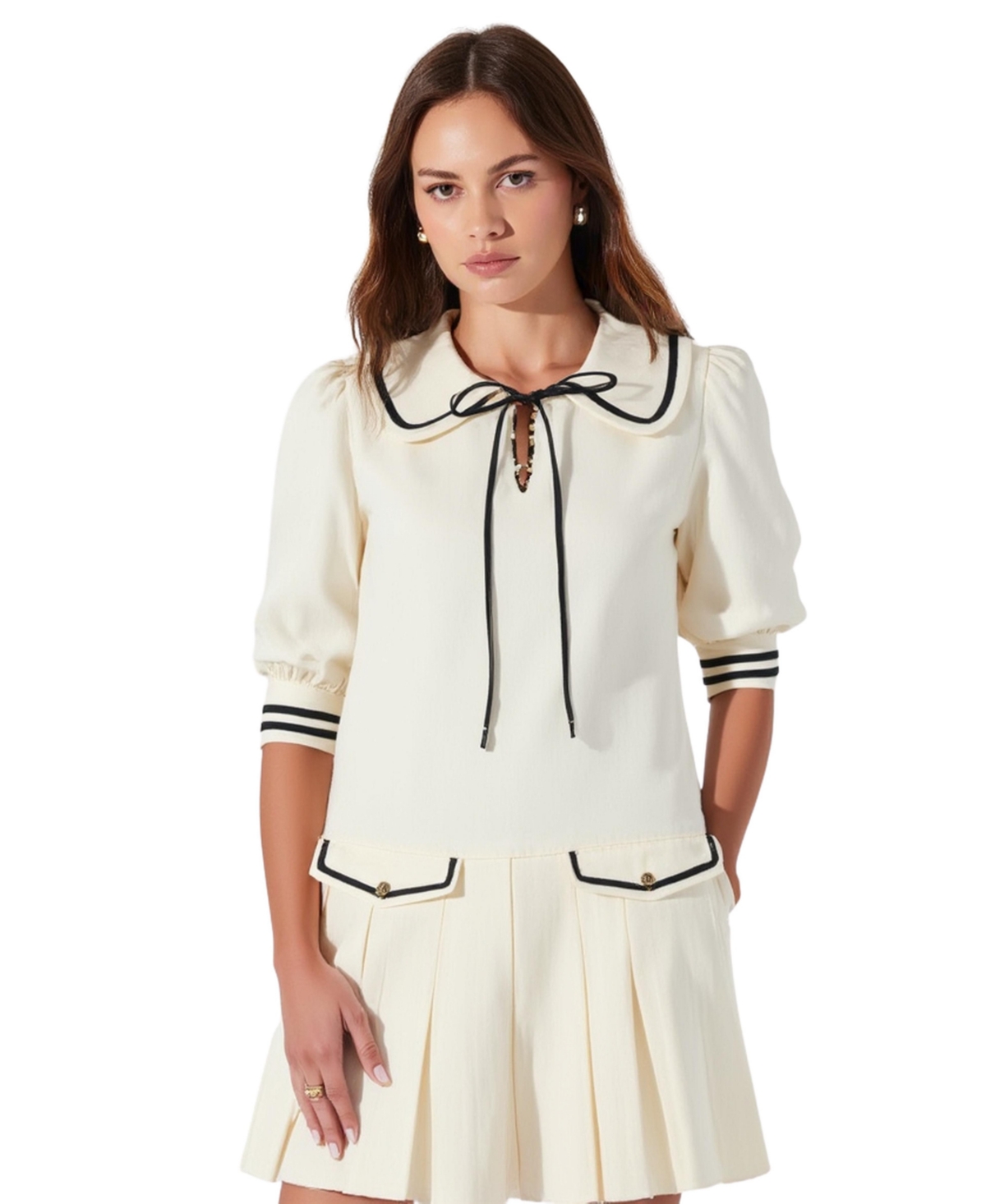 Modenaire Women’s Pleated Contrast Collar Bow Tie Mini Dress – White Modenaire Women’s Pleated Contrast Collar Bow Tie Mini Dress – White
