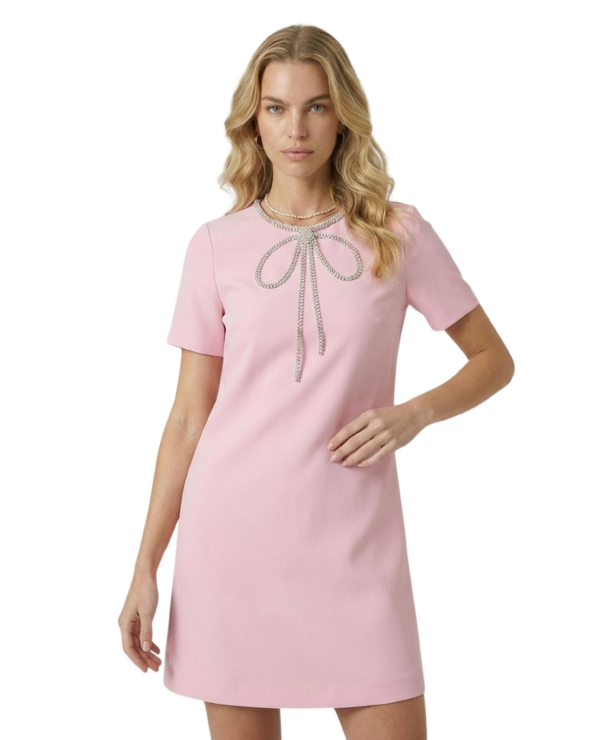 Modenaire Women’s Rhinestone Bow Shift Mini Dress – Pink Modenaire Women’s Rhinestone Bow Shift Mini Dress – Pink
