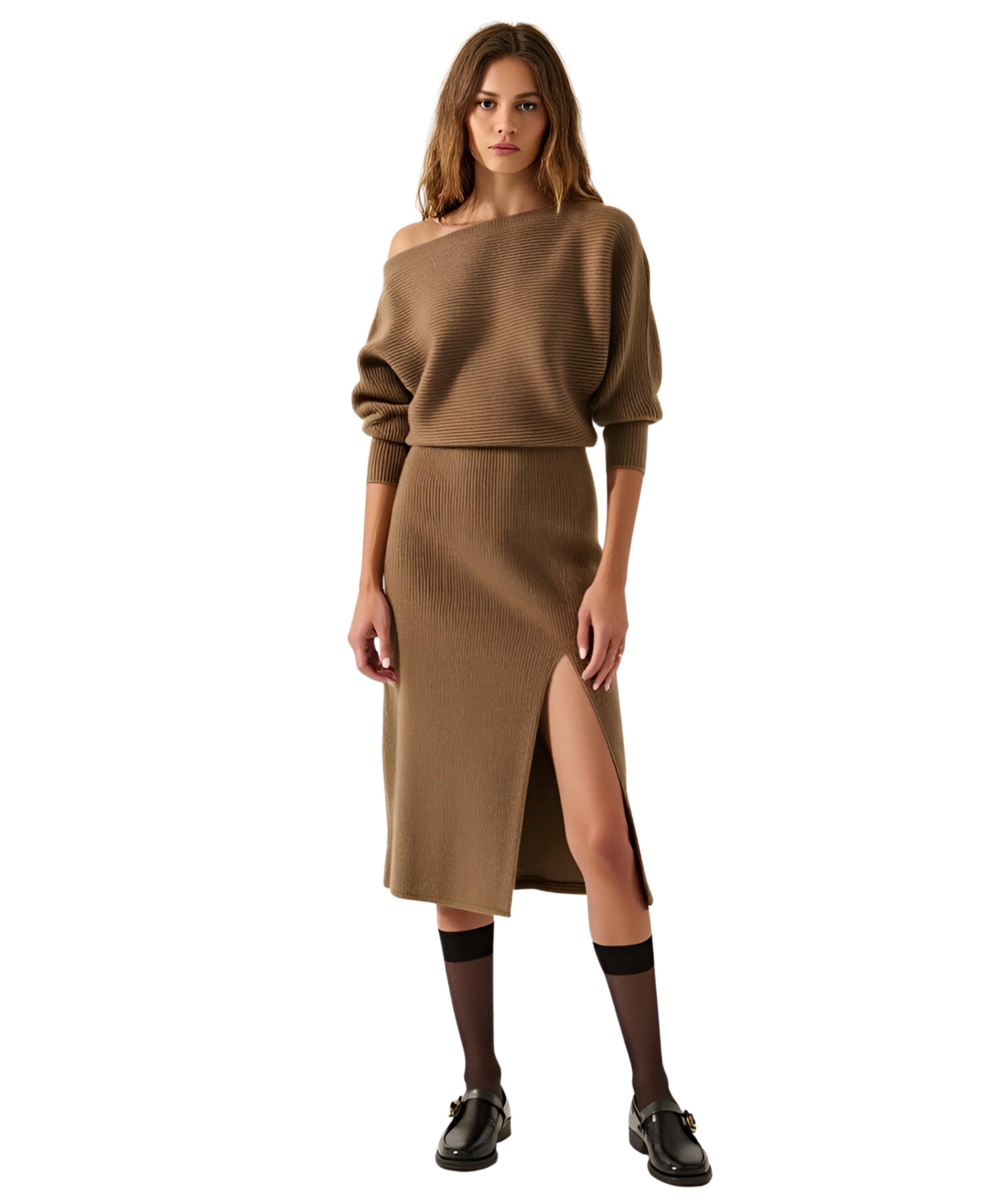Modenaire Women’s Rib Knit One Shoulder Dolman Midi Sweater Dress – Brown Modenaire Women’s Rib Knit One Shoulder Dolman Midi Sweater Dress – Brown
