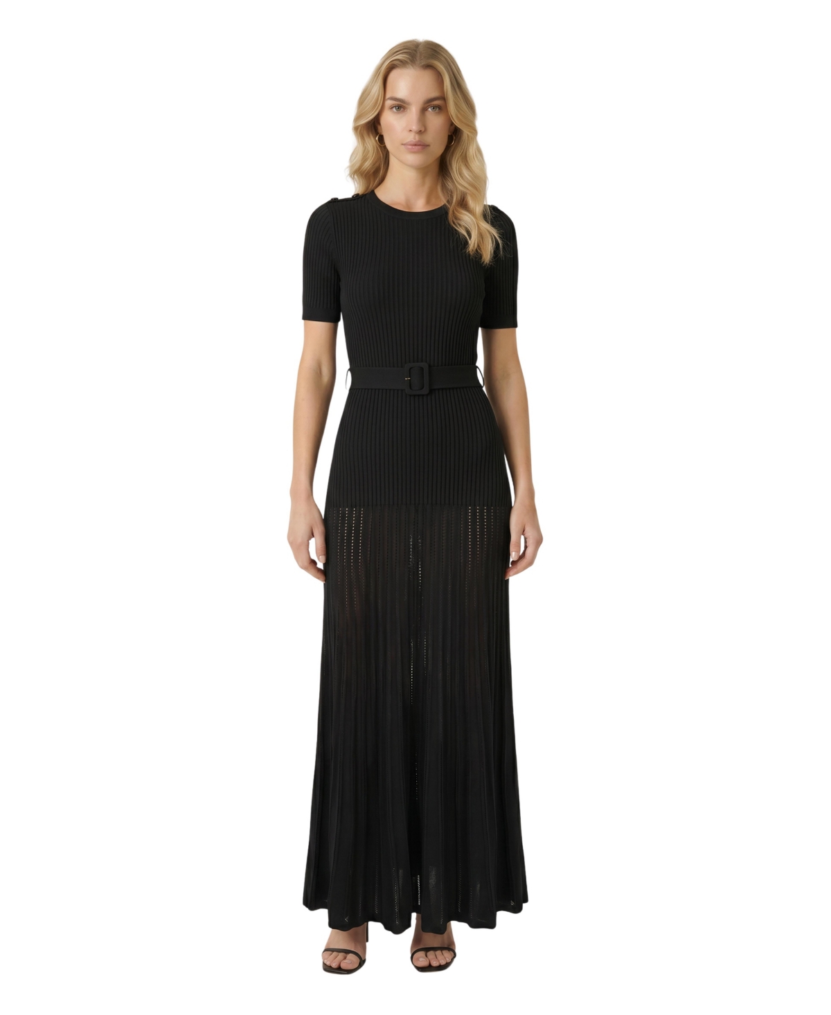 Modenaire Women’s Ribbed Knit Belted Pleated Midi Dress – Black Modenaire Women’s Ribbed Knit Belted Pleated Midi Dress – Black