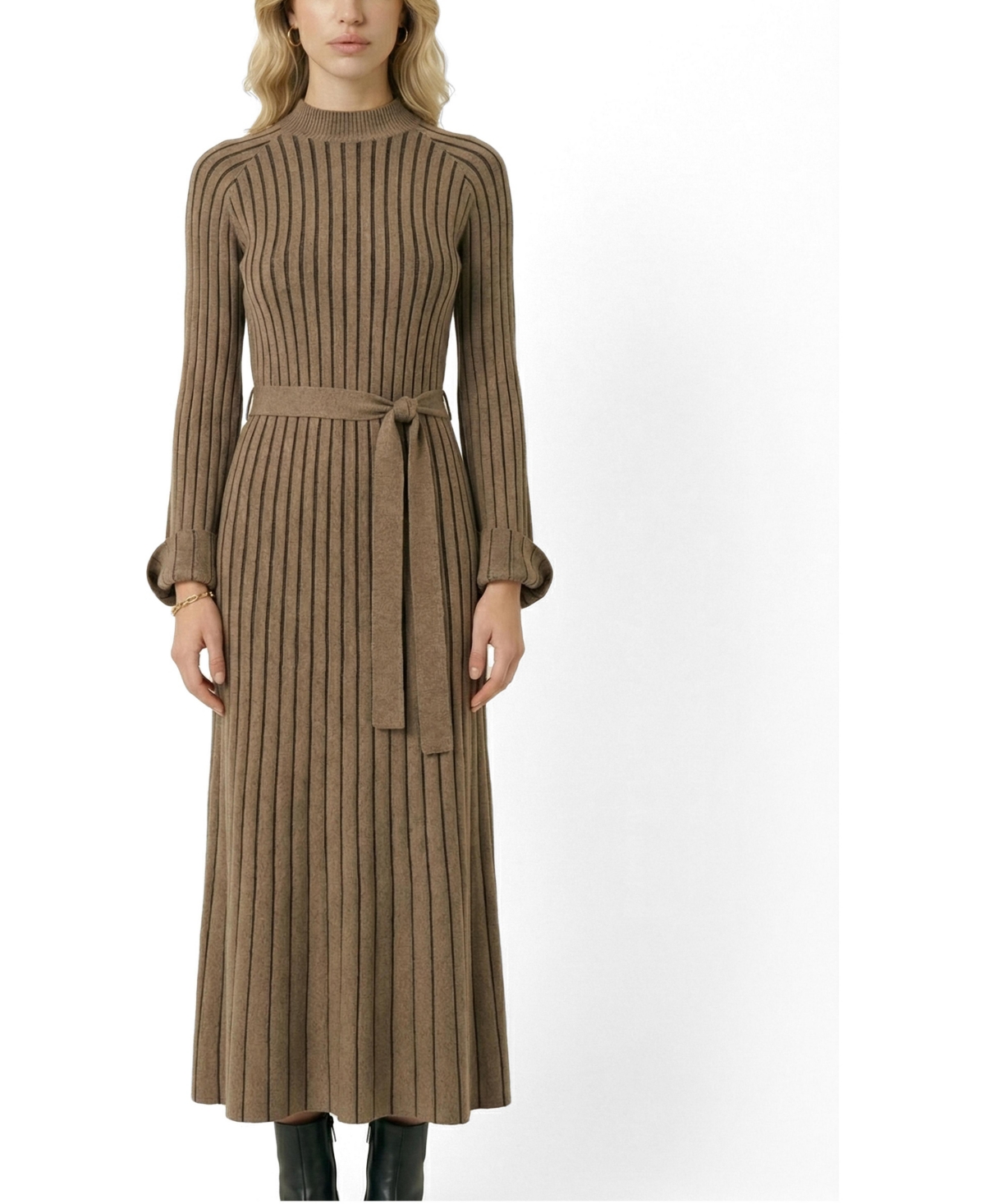 Modenaire Women’s Ribbed Knit Mock-Neck Fit-And-Flare Dress – Taupe Modenaire Women’s Ribbed Knit Mock-Neck Fit-And-Flare Dress – Taupe