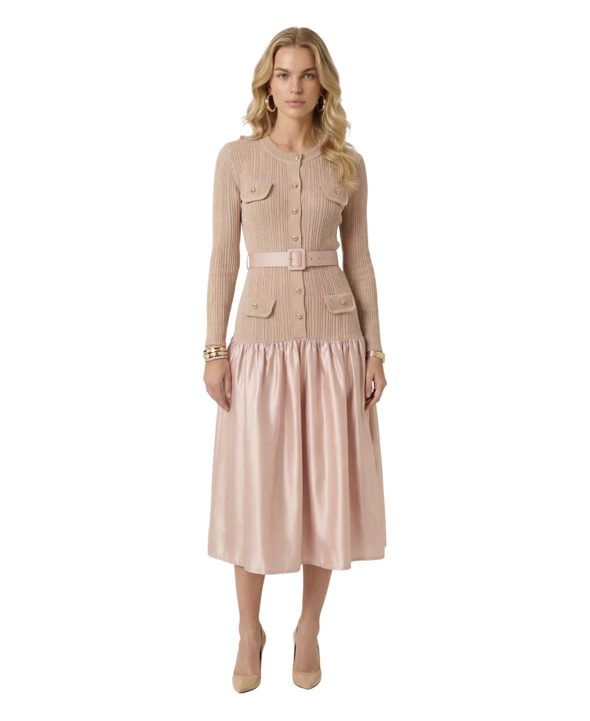 Modenaire Women’s Ribbed Knit Satin Belted Midi Dress – Beige Modenaire Women’s Ribbed Knit Satin Belted Midi Dress – Beige