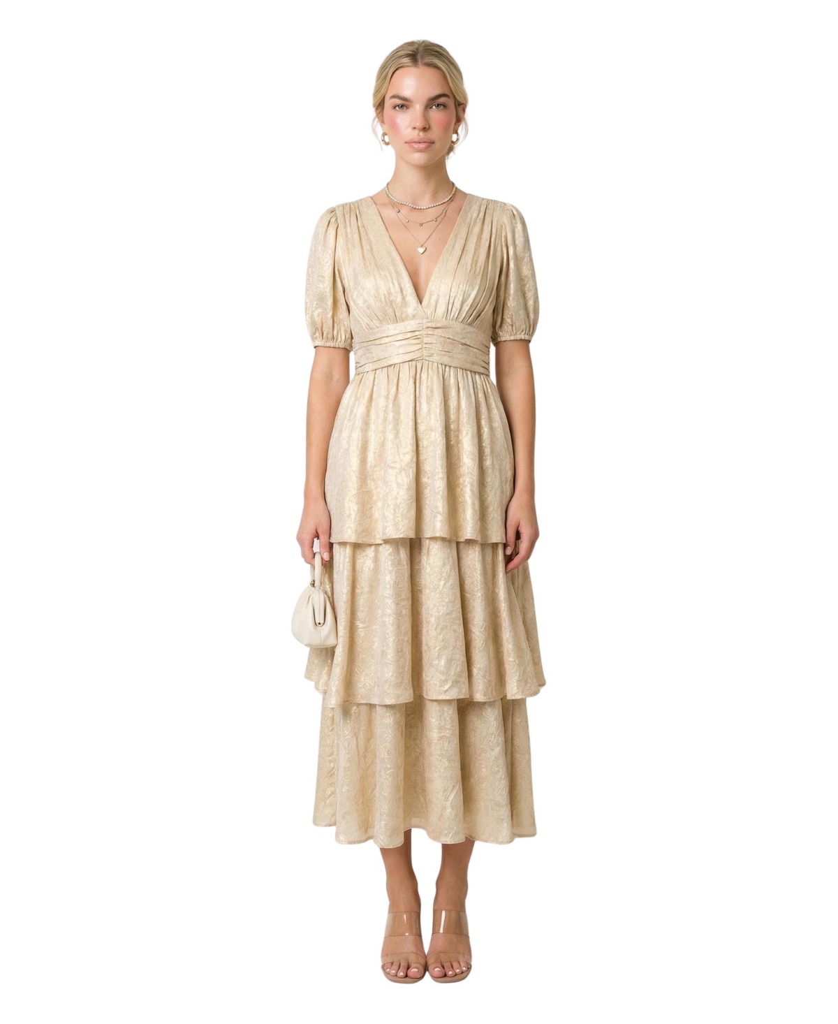 Modenaire Women’s Shimmering Puff Sleeve Deep V-Neck Maxi Dress – Champagne gold