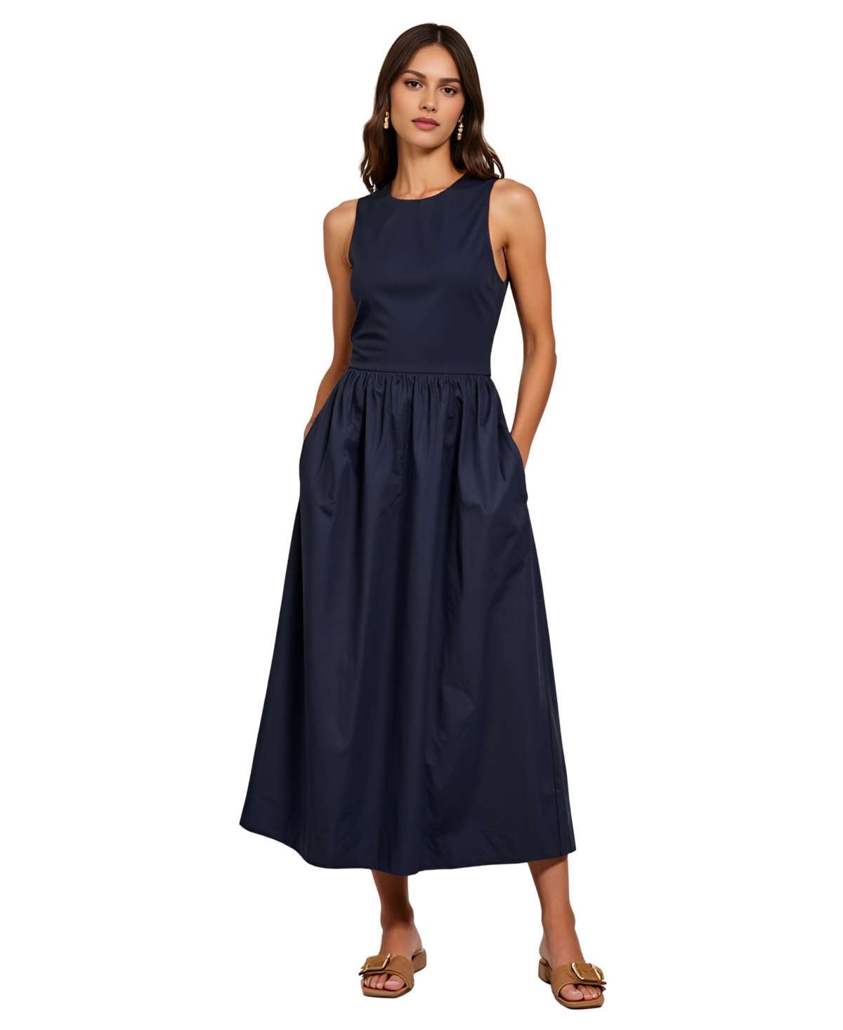 Modenaire Women’s Sleeveless Crewneck Gathered Waist Midi Dress – Navy Modenaire Women’s Sleeveless Crewneck Gathered Waist Midi Dress – Navy