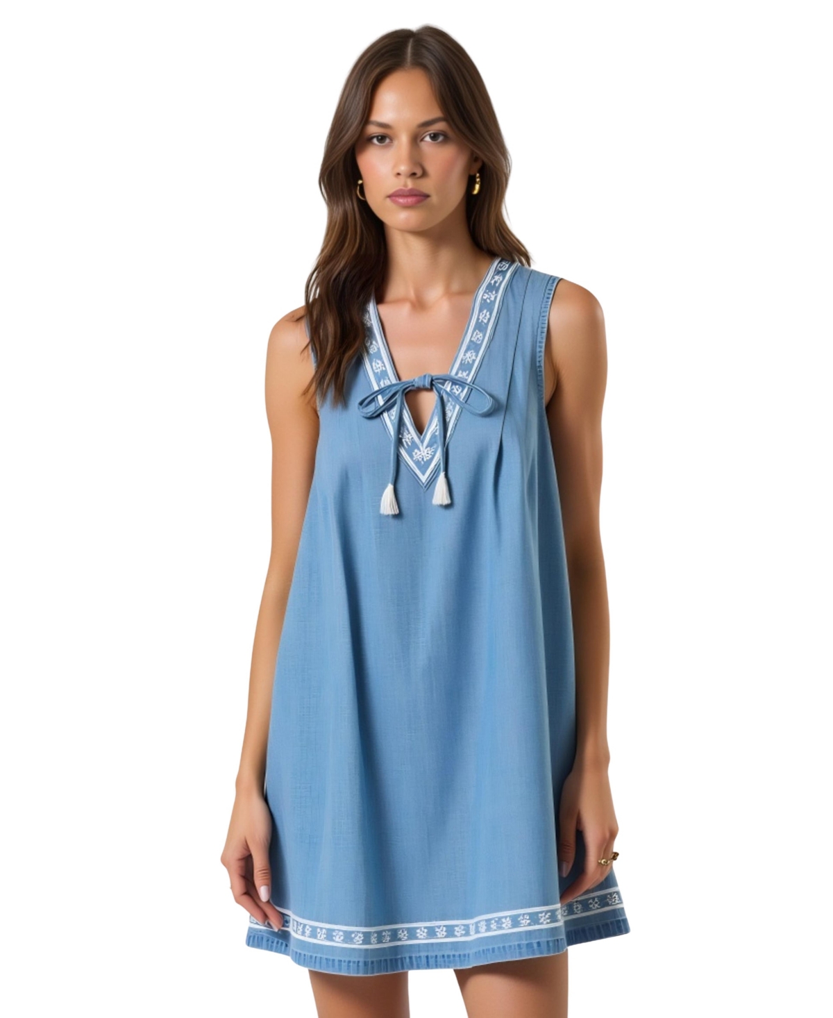 Modenaire Women’s Sleeveless Embroidered Trim Tie Front Mini Dress – Light denim blue Modenaire Women’s Sleeveless Embroidered Trim Tie Front Mini Dress – Light denim blue