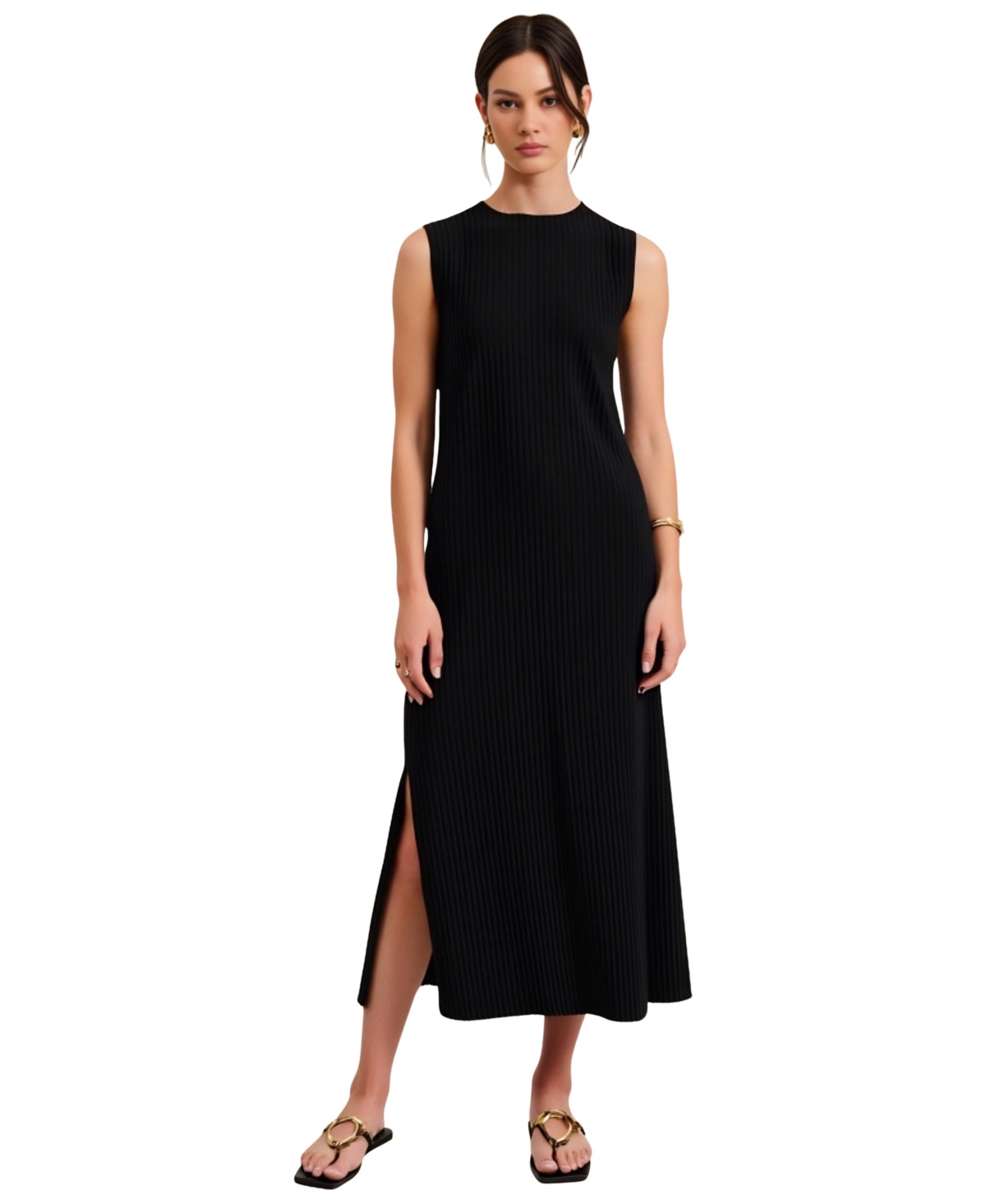Modenaire Women’s Sleeveless Ribbed Knit Crewneck Side Slit Midi Dress – Black Modenaire Women’s Sleeveless Ribbed Knit Crewneck Side Slit Midi Dress – Black