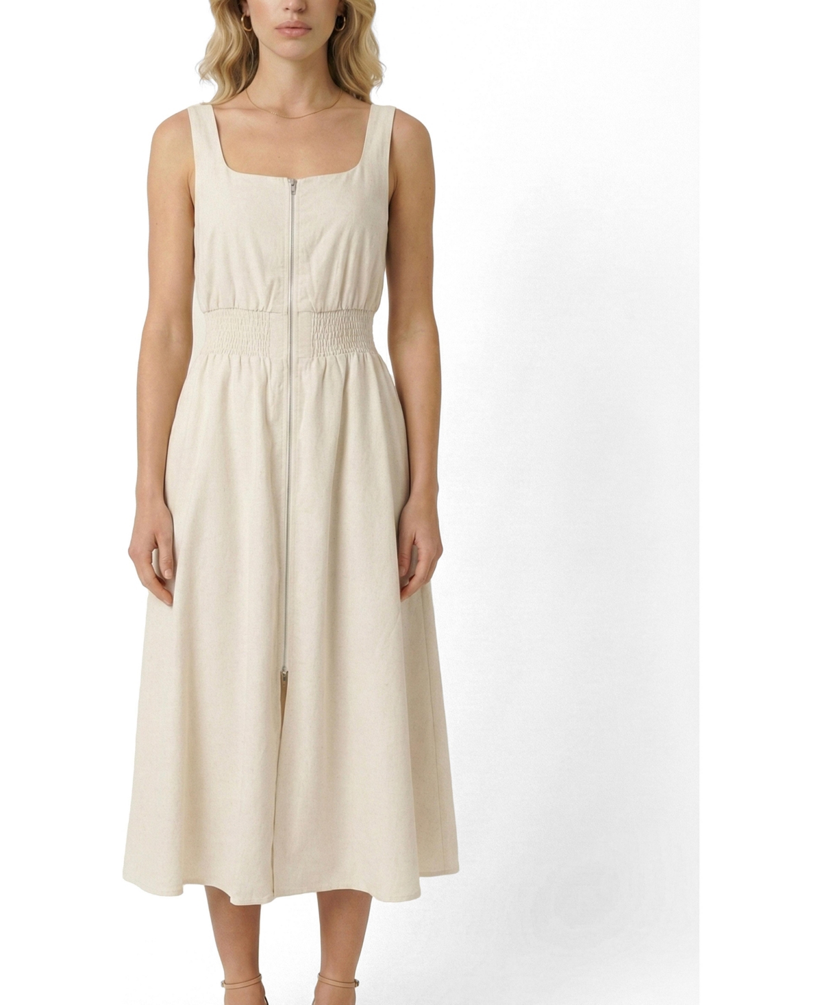 Modenaire Women’s Sleeveless Smocked-Waist Front-Zip Slit Midi Dress – Ivory Modenaire Women’s Sleeveless Smocked-Waist Front-Zip Slit Midi Dress – Ivory