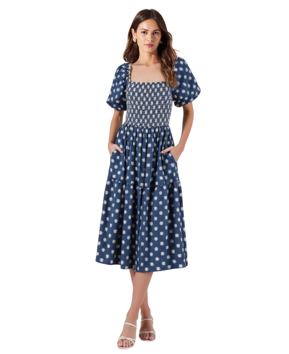 Modenaire Women’s Smocked Puff-Sleeve Tiered Midi Dress with Pockets – Blue Modenaire Women’s Smocked Puff-Sleeve Tiered Midi Dress with Pockets – Blue