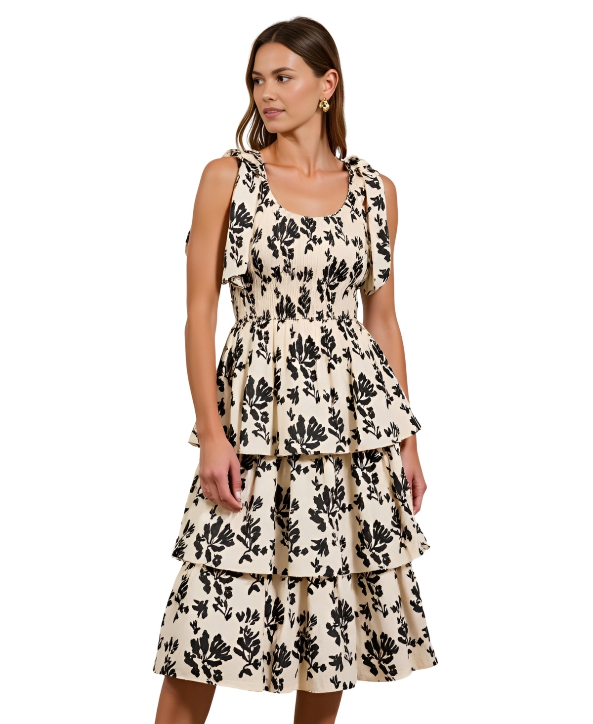 Modenaire Women’s Smocked Tiered Bow-Tie Straps Floral Midi Dress – Cream/off-white/black Modenaire Women’s Smocked Tiered Bow-Tie Straps Floral Midi Dress – Cream/off-white/black