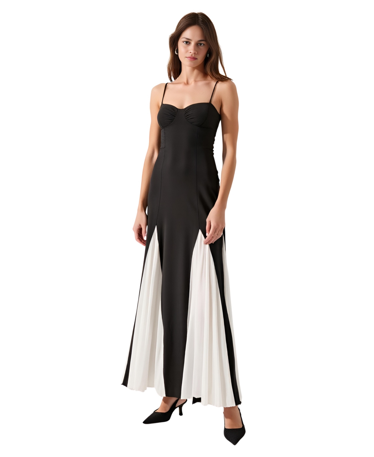Modenaire Women’s Spaghetti Strap Bustier Pleated Maxi Dress – Black/white Modenaire Women’s Spaghetti Strap Bustier Pleated Maxi Dress – Black/white