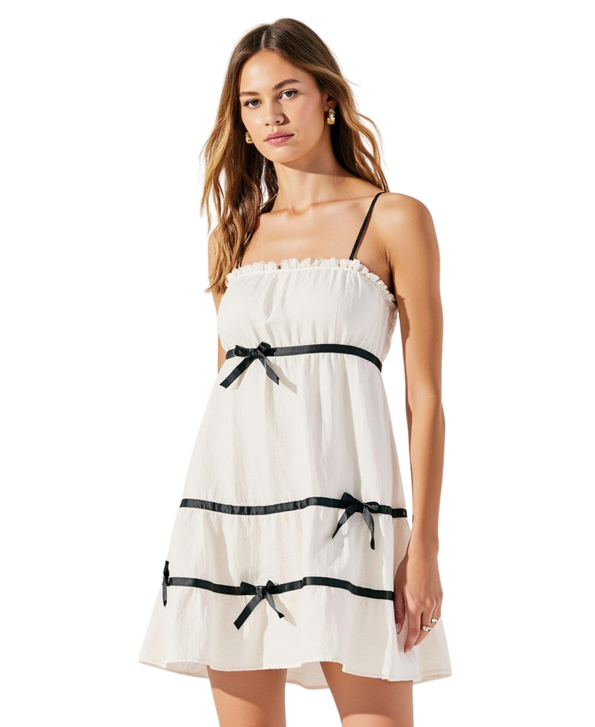 Modenaire Women’s Spaghetti Strap Ruffled Trim Bow Accents Mini Dress – White/black Modenaire Women’s Spaghetti Strap Ruffled Trim Bow Accents Mini Dress – White/black