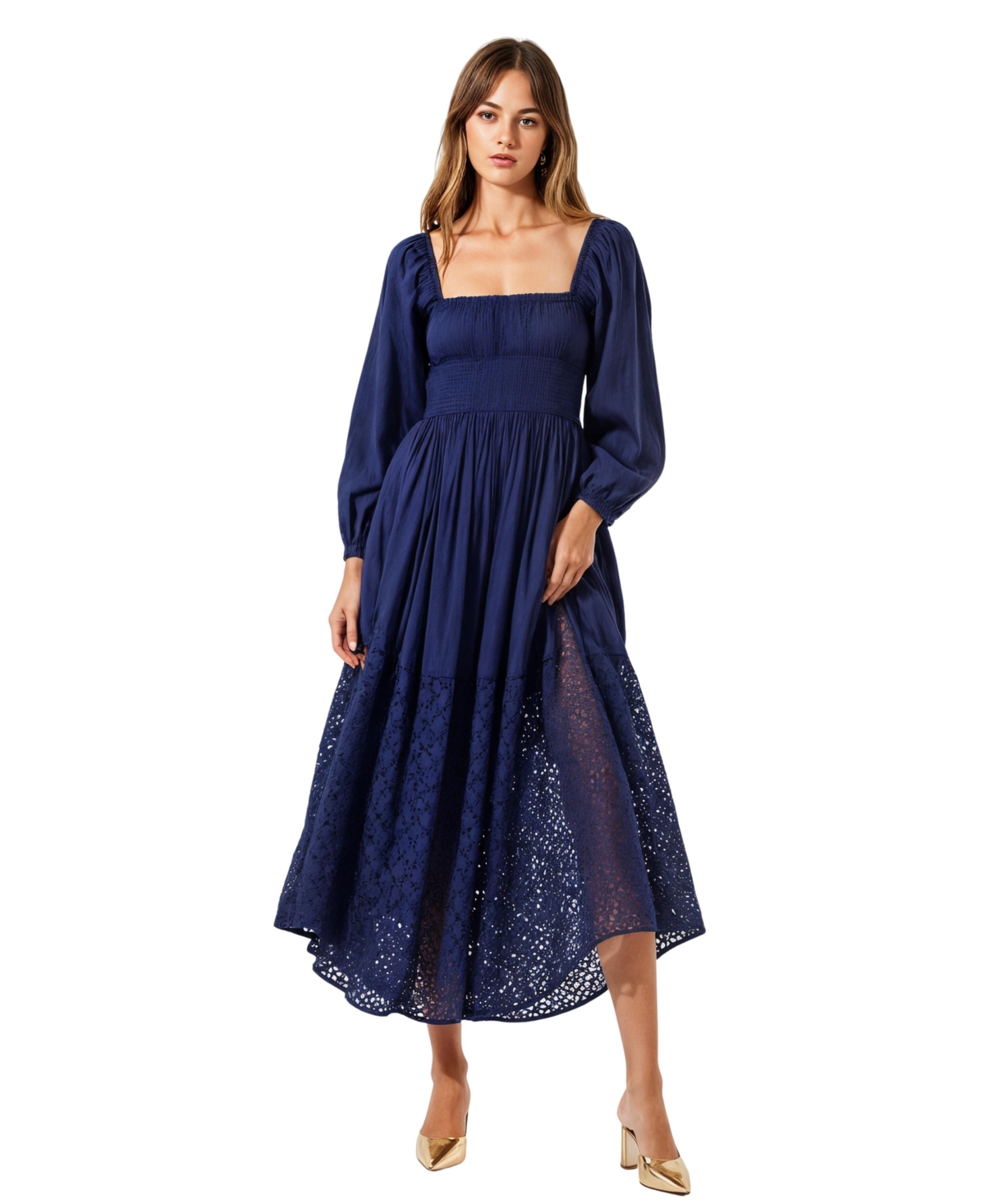 Modenaire Women’s Square-Neck Smocked Eyelet Hem Midi Dress – Blue