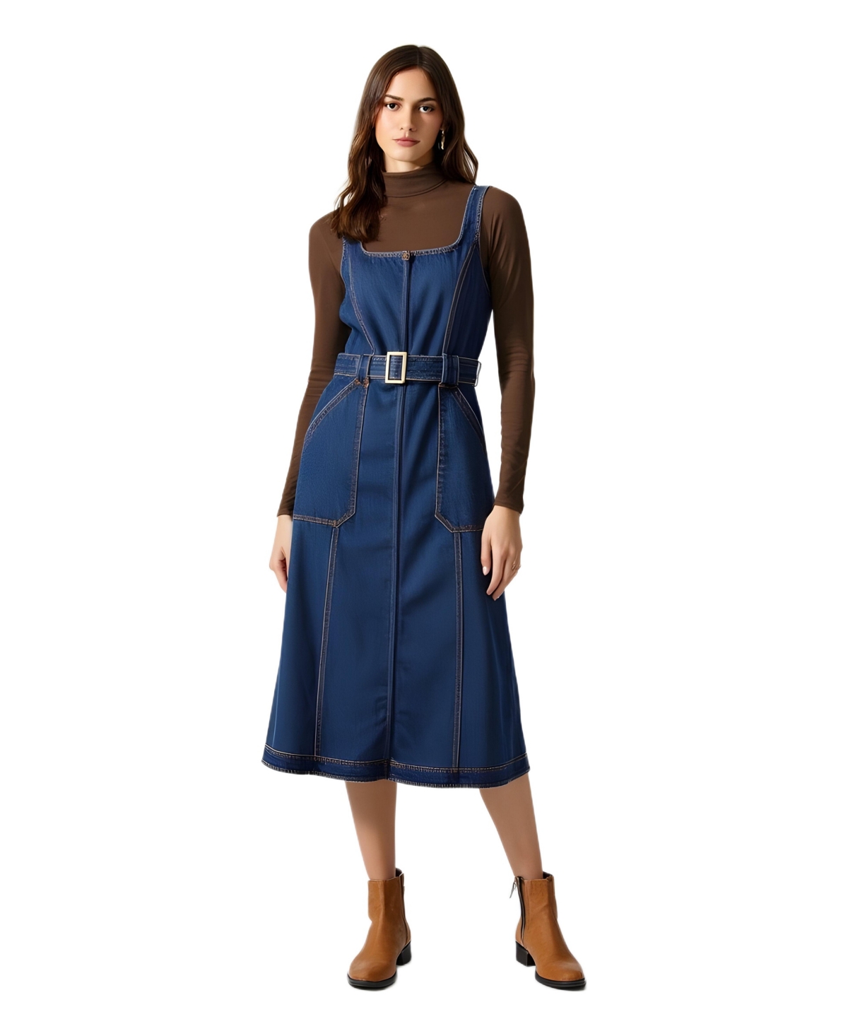 Modenaire Women’s Square-Neck Zip-Front Denim Midi Dress with Belt – Blue