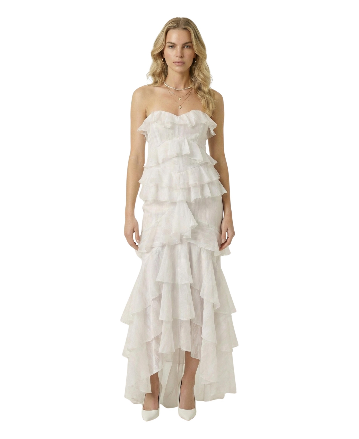 Modenaire Women’s Strapless Raw Edge Tiered Ruffle Dress – Ivory