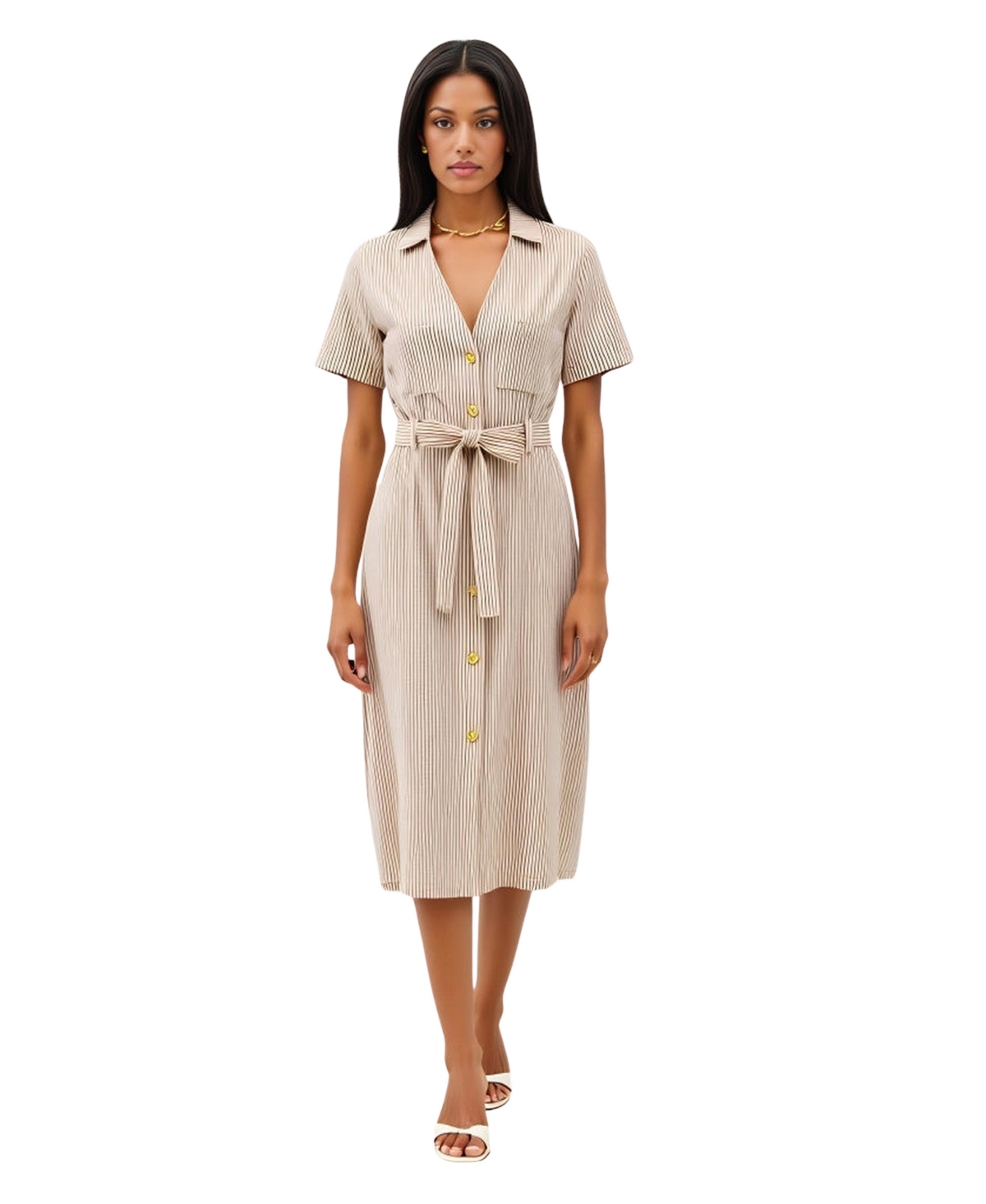 Modenaire Women’s Striped Collared Waist Tie Button-Down Midi Dress – Beige/brown stripe