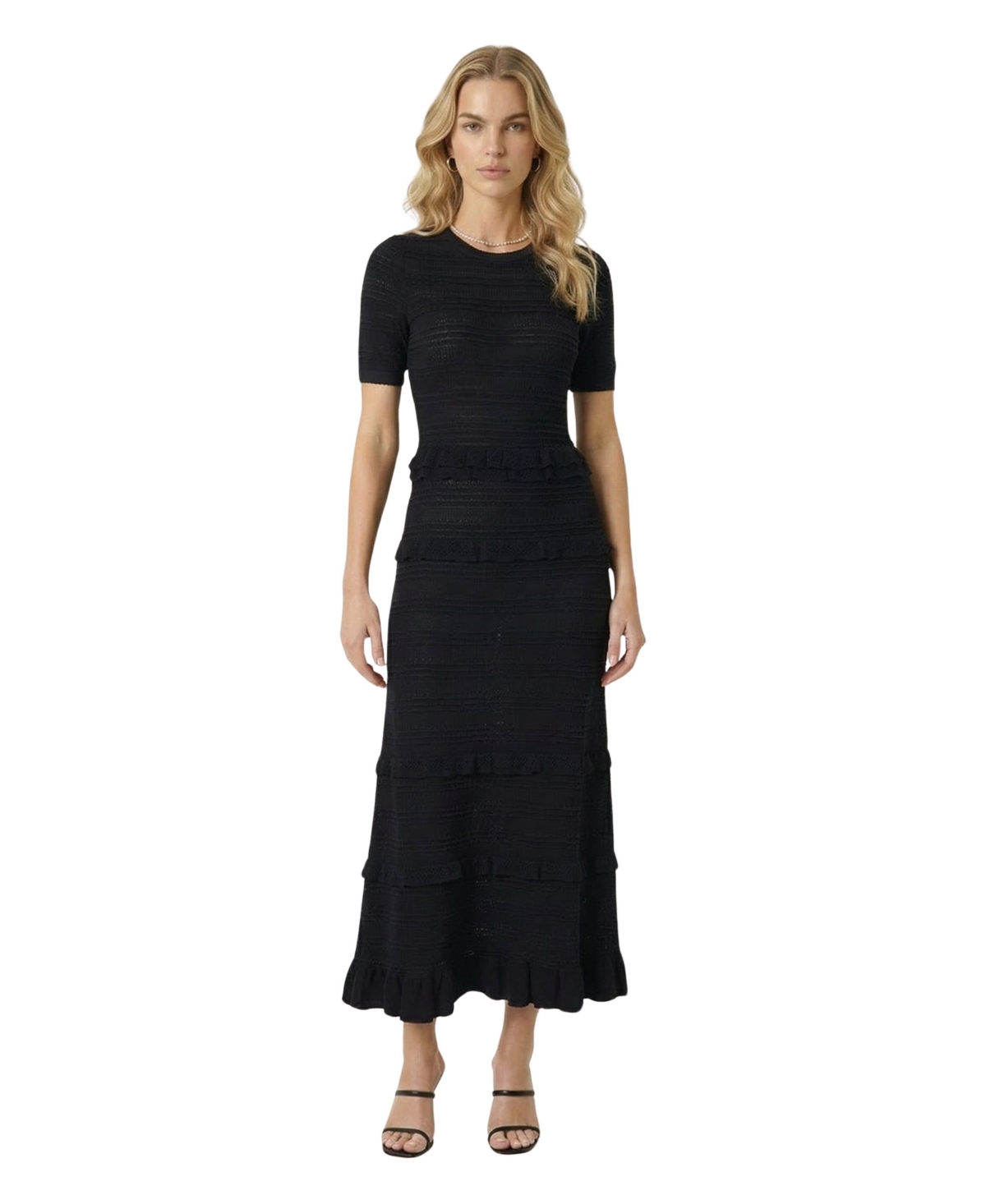 Modenaire Women’s Textured Knit Ruffle-Trim Fitted Midi Dress – Black Modenaire Women’s Textured Knit Ruffle-Trim Fitted Midi Dress – Black