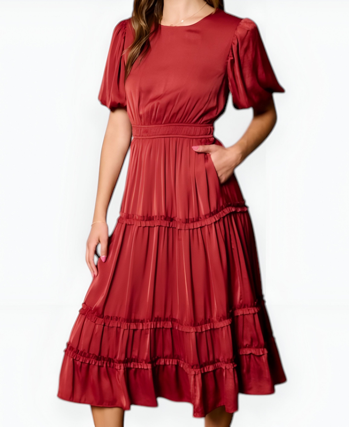 Modenaire Women’s Tiered Puff Sleeve Midi Dress – Rust/copper Modenaire Women’s Tiered Puff Sleeve Midi Dress – Rust/copper