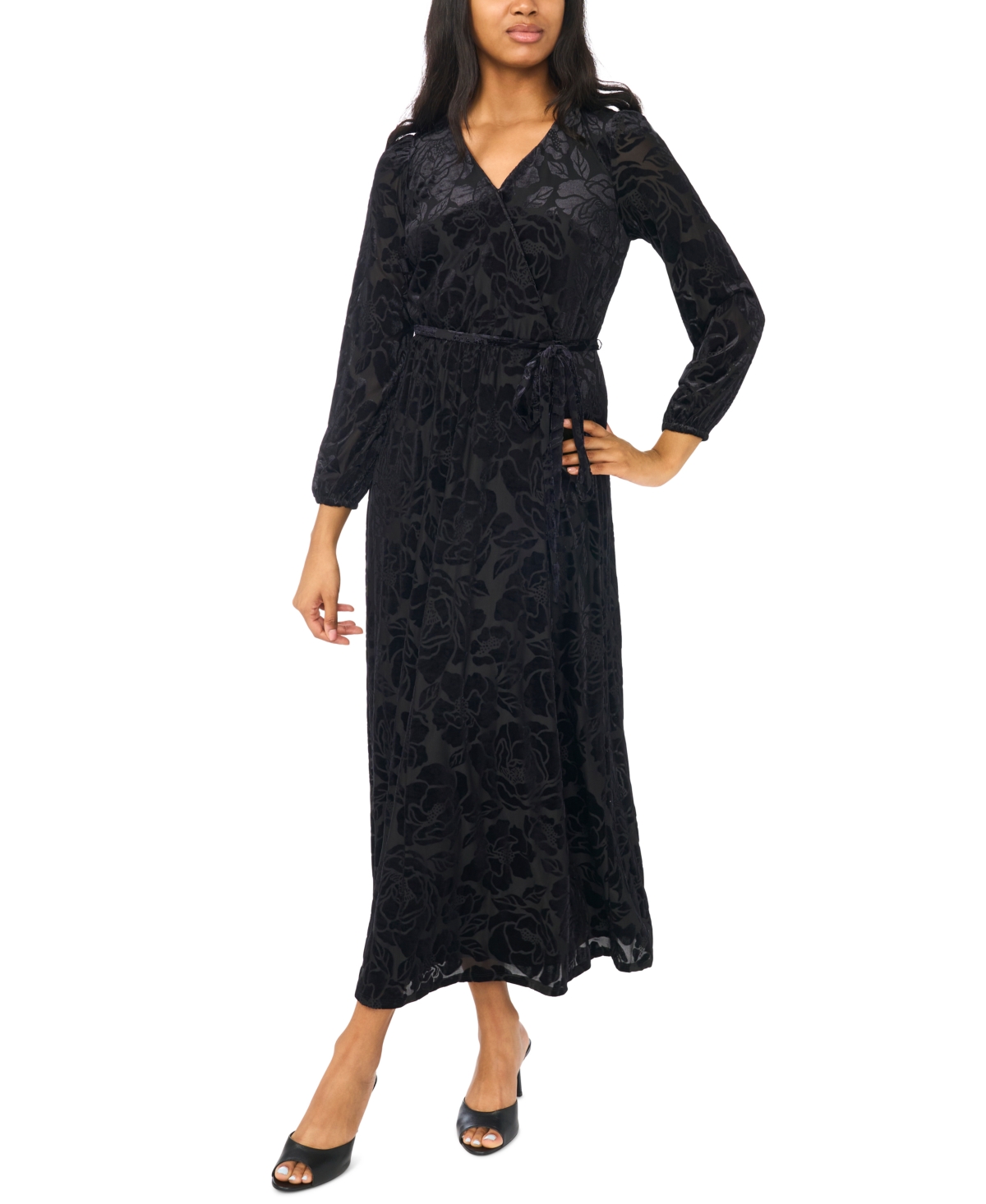 Msk Women’s Floral Long-Sleeve Velvet Burnout V-Neck Wrap Maxi Dress – Black