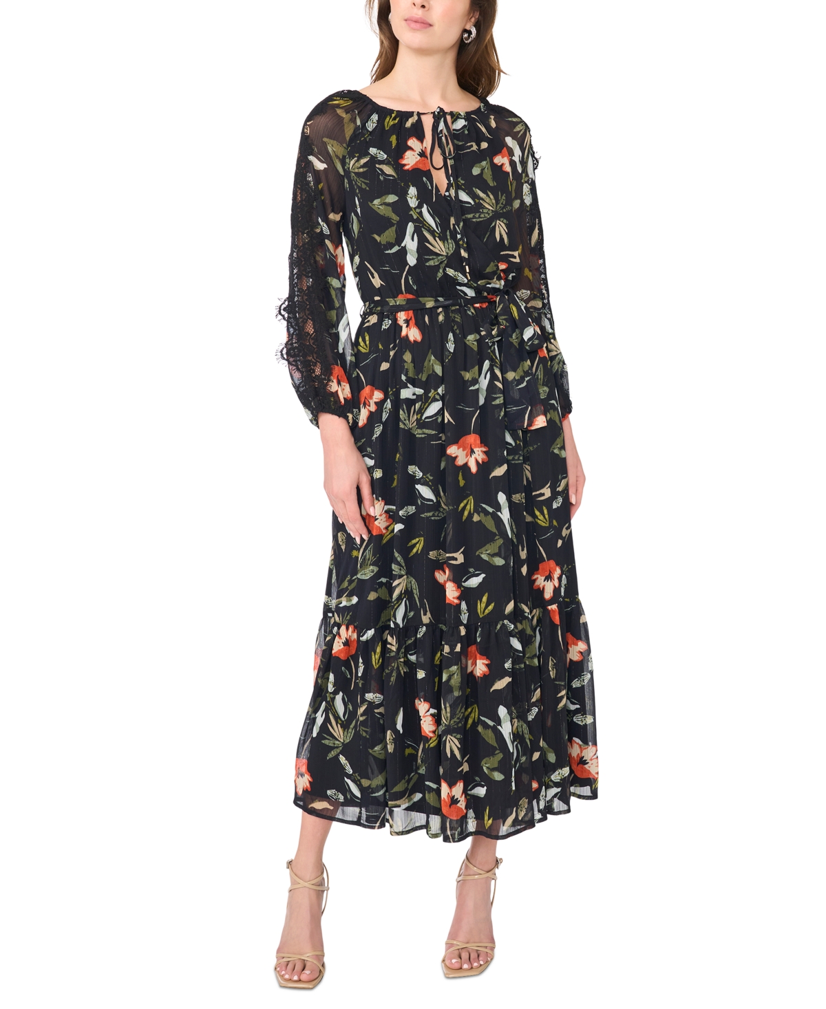 Msk Women’s Floral-Print Tiered Long-Sleeve Maxi Dress – Black Multi