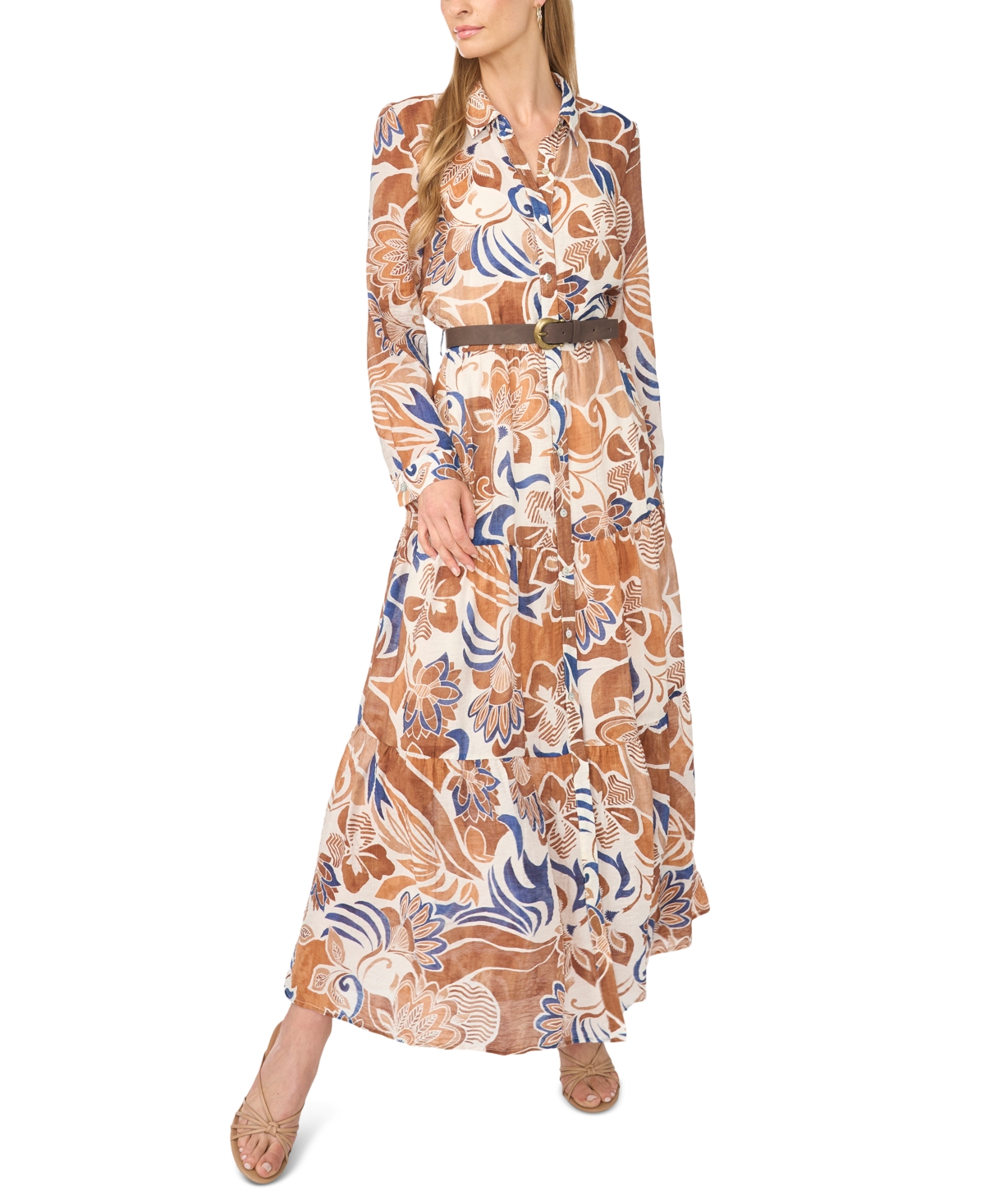 Msk Women’s Floral Tiered Long-Sleeve Dress – Bone White