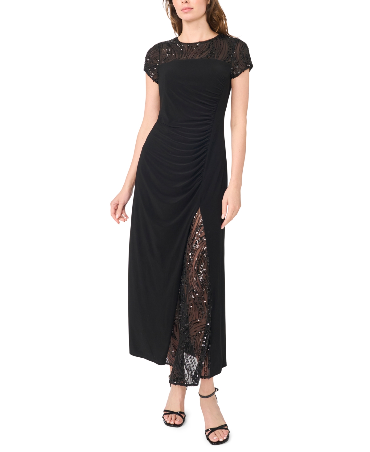 Msk Women’s Slit Illusion Sequin-Lace Ruched Maxi Dress – Rich Black Msk Women’s Slit Illusion Sequin-Lace Ruched Maxi Dress – Rich Black