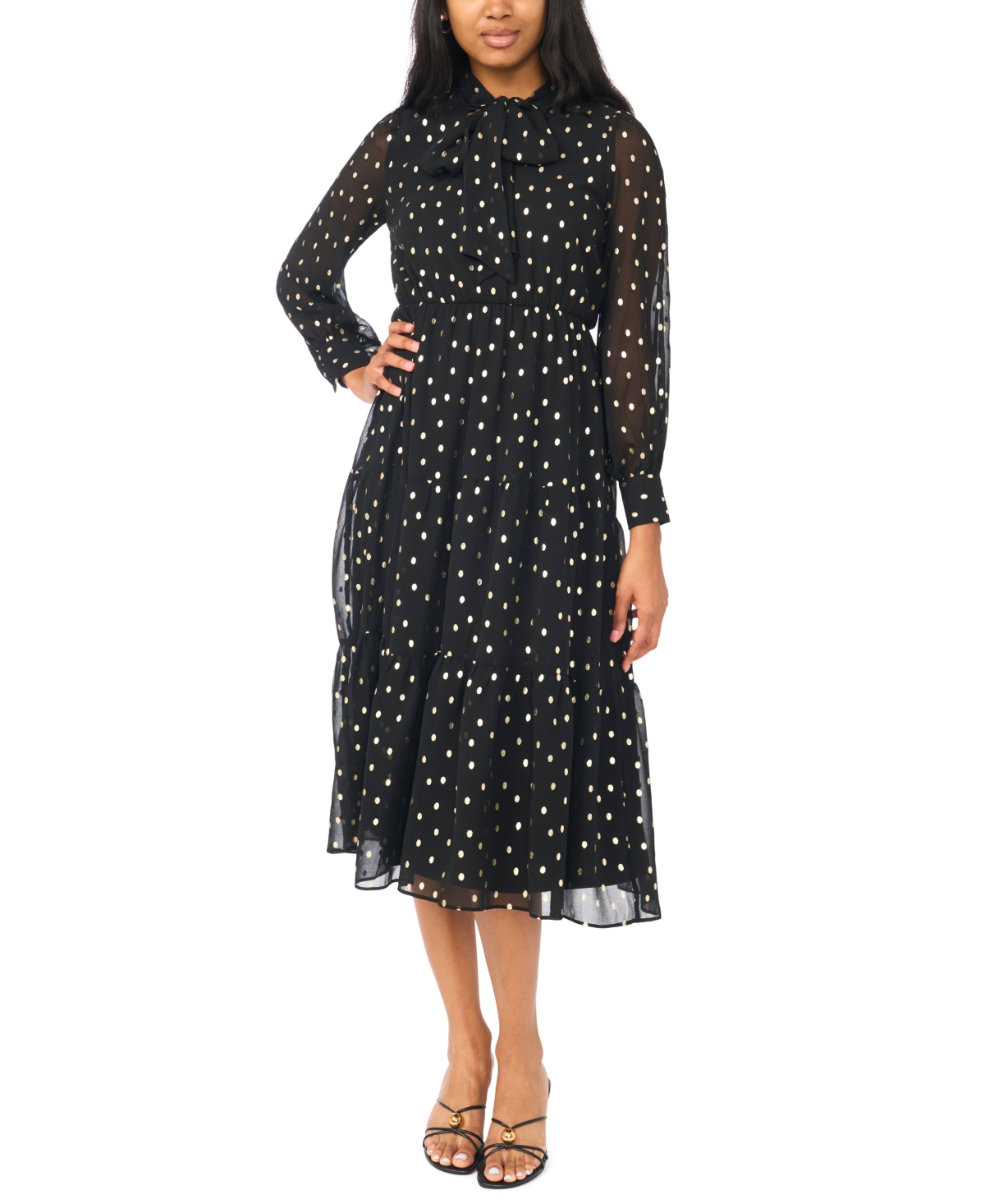 Msk Women’s Tie-Neck Tiered Maxi Dress – Black Gold Msk Women’s Tie-Neck Tiered Maxi Dress – Black Gold