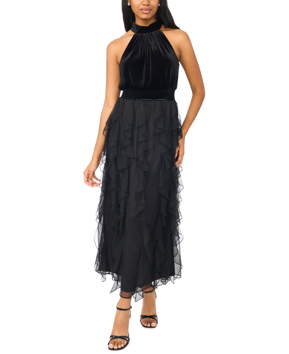 Msk Women’s Velvet Cascading-Ruffle Halter Maxi Dress – Rich Black Msk Women’s Velvet Cascading-Ruffle Halter Maxi Dress – Rich Black