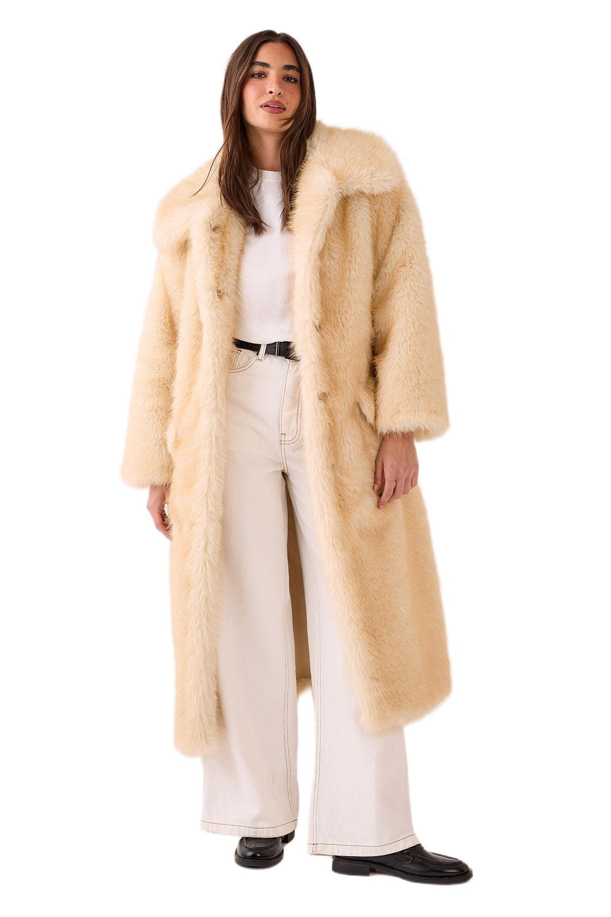 Nasty Gal Women’s Belted Tipped Faux Fur Coat – Lemon