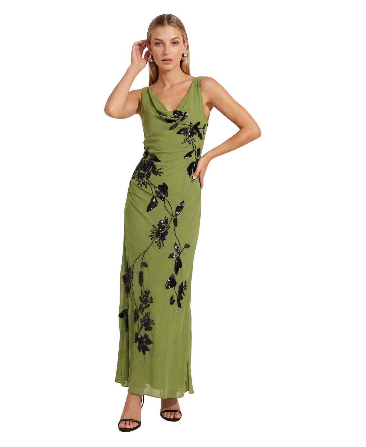Nasty Gal Women’s Cowl Embellished Ruched Side Maxi Dress – Green