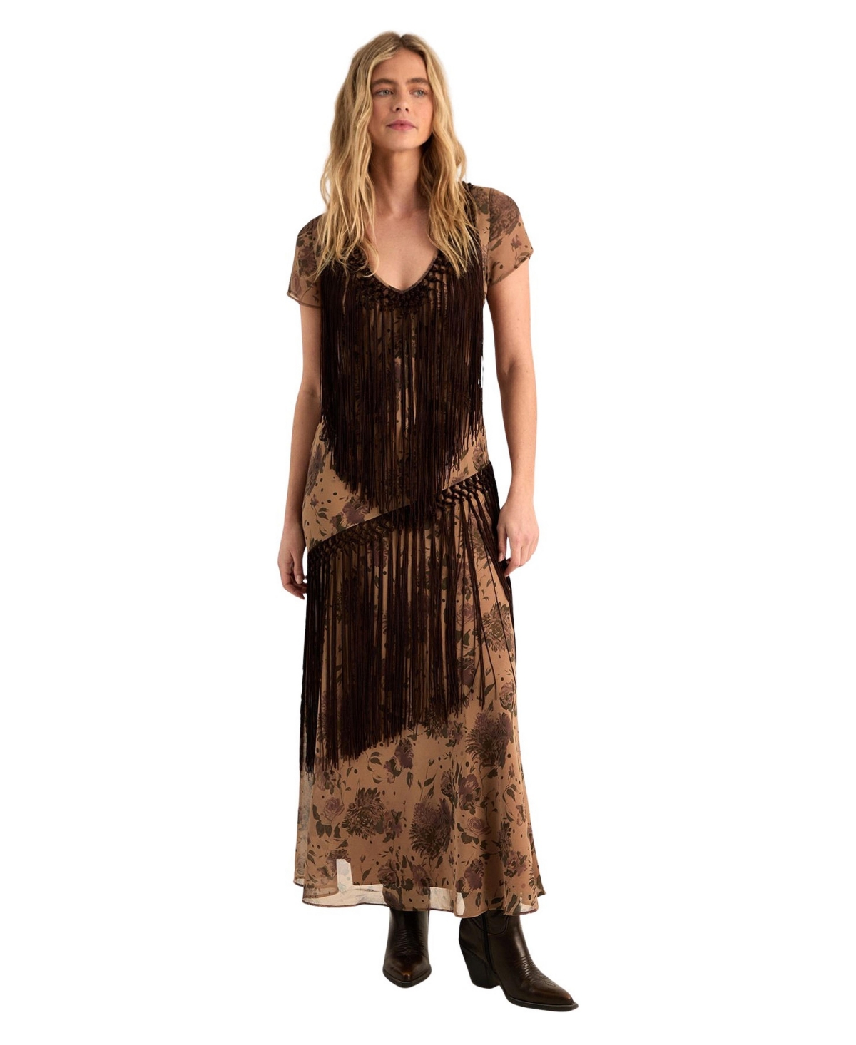 Nasty Gal Women’s Floral Chiffon Fringe Maxi Dress – Beige
